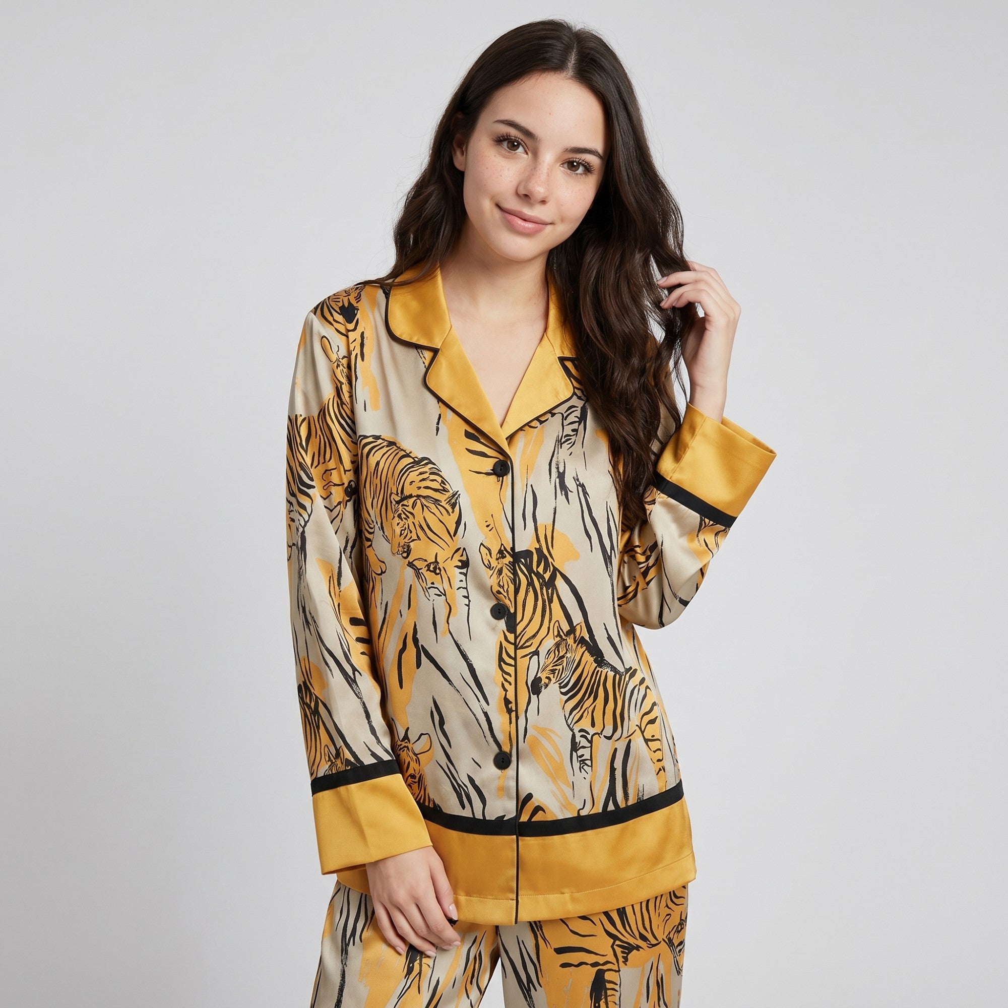 Anna-Kaci Lounge Women's 2-Piece Tiger Print Pajama Set with Button Front Top and Wide Leg Pants