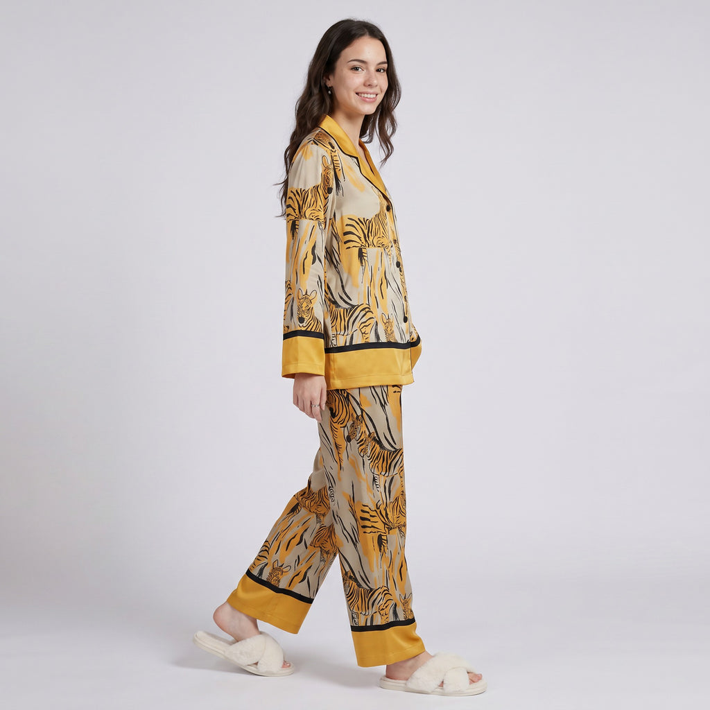 Anna-Kaci Lounge Women's 2-Piece Tiger Print Pajama Set with Button Front Top and Wide Leg Pants