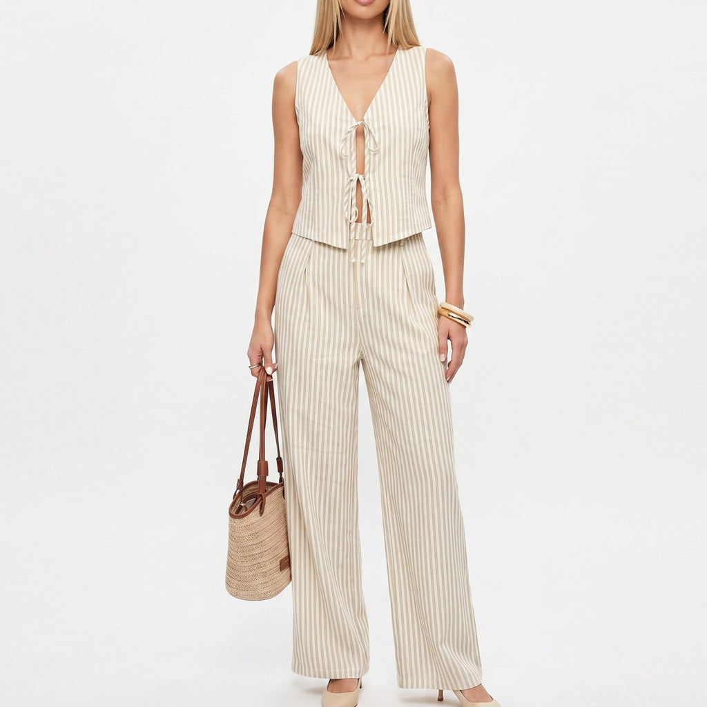 Anna-Kaci Women's 2 Piece Striped Vest Top and Wide Leg Pants Set