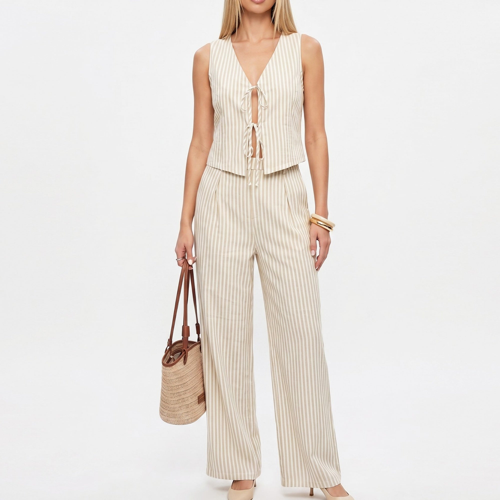 Anna-Kaci Women's 2 Piece Striped Vest Top and Wide Leg Pants Set