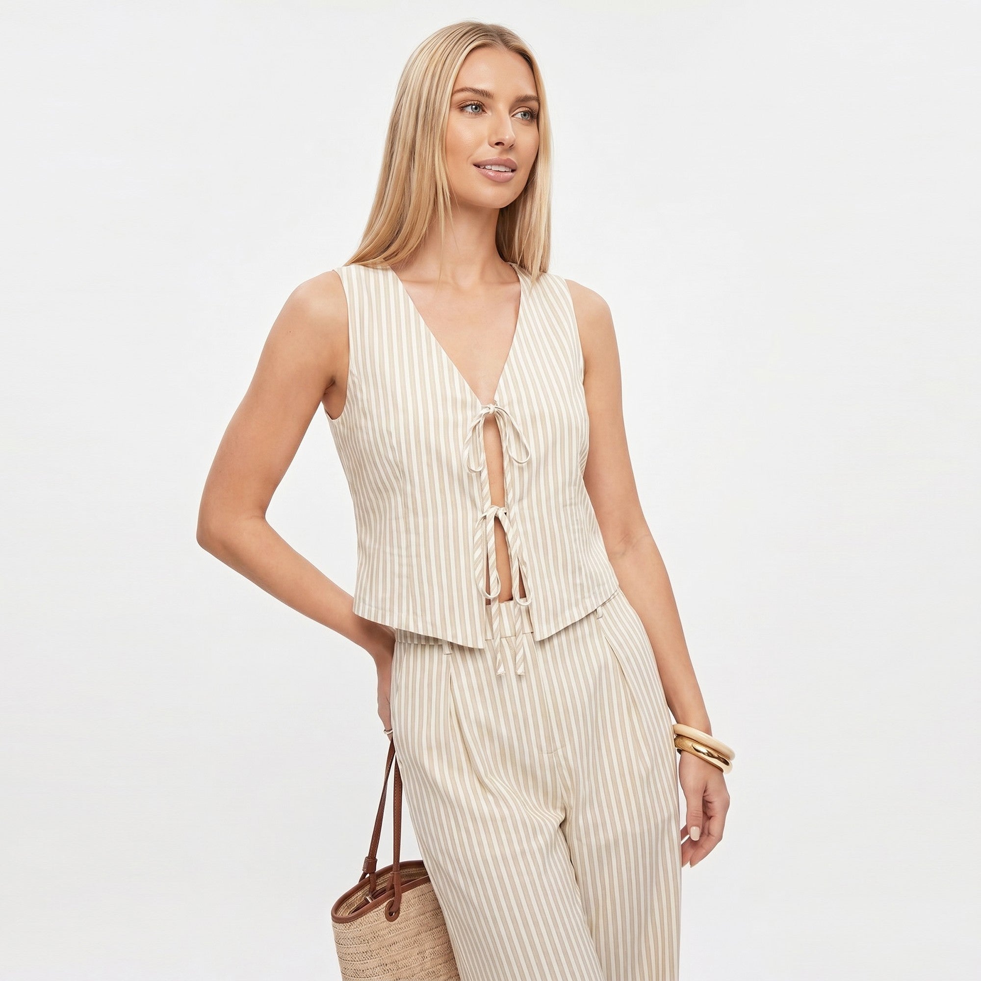 Anna-Kaci Women's 2 Piece Striped Vest Top and Wide Leg Pants Set