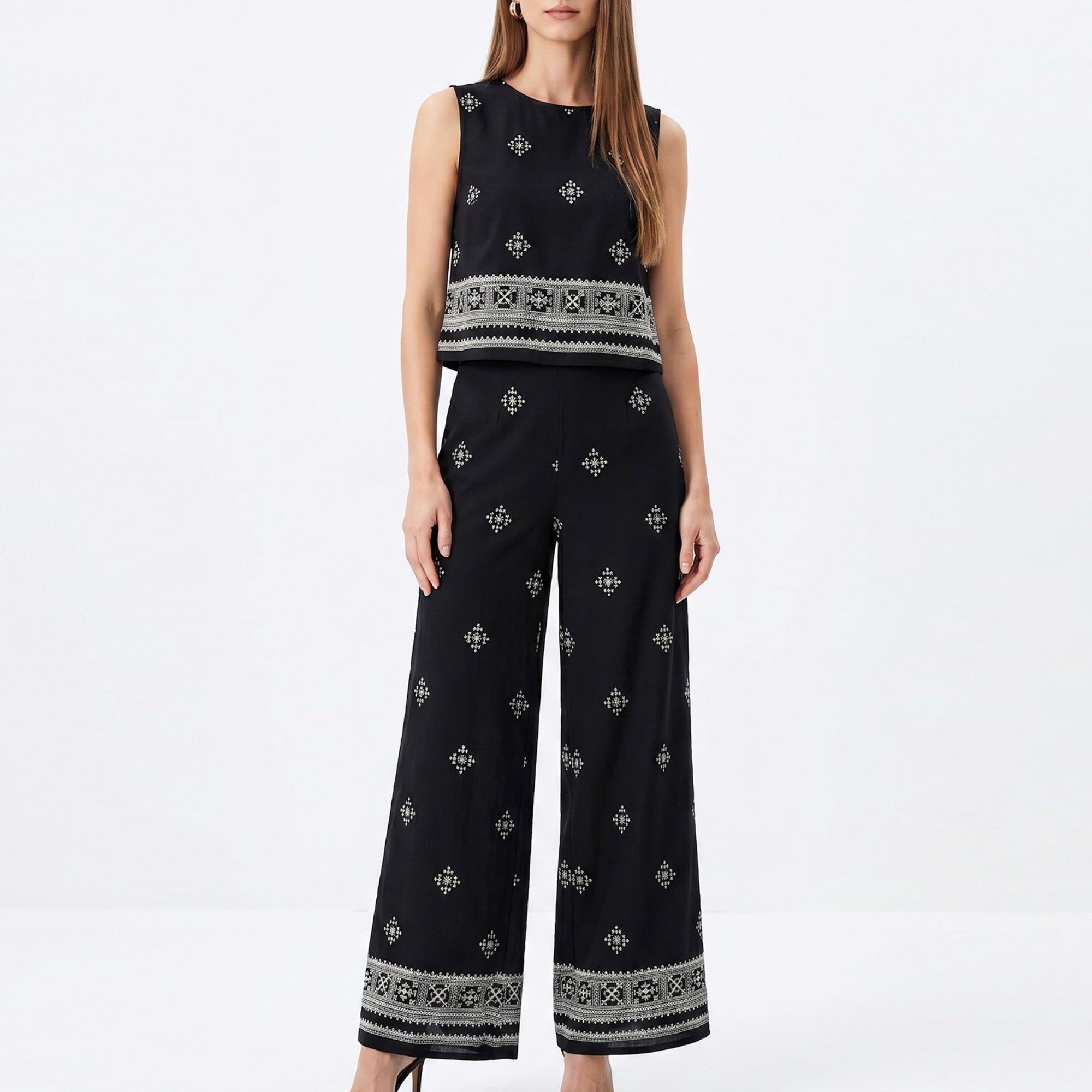 Anna-Kaci Women's 2 Piece Embroidered Crop Top and Wide Leg Pants Set