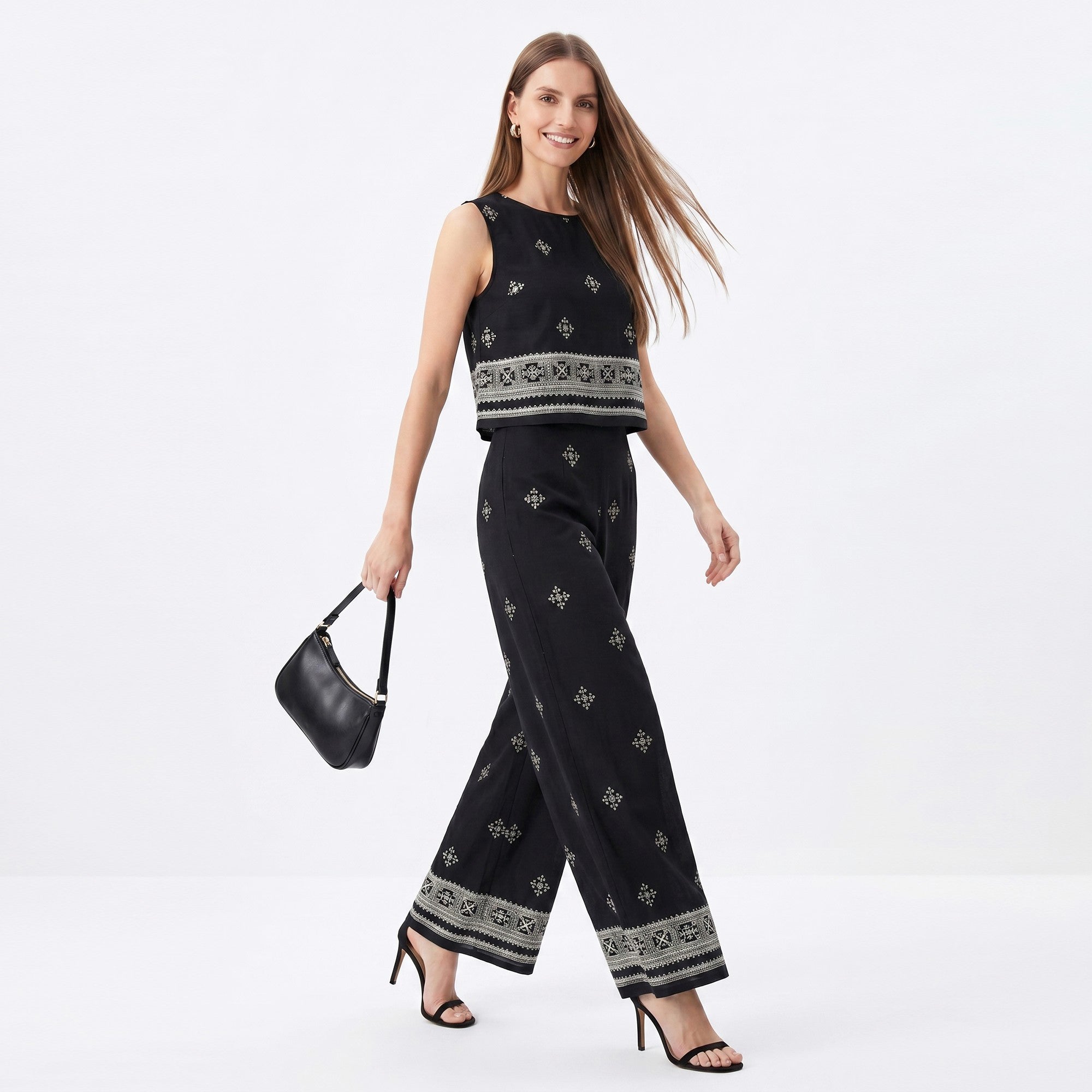 Anna-Kaci Women's 2 Piece Embroidered Crop Top and Wide Leg Pants Set