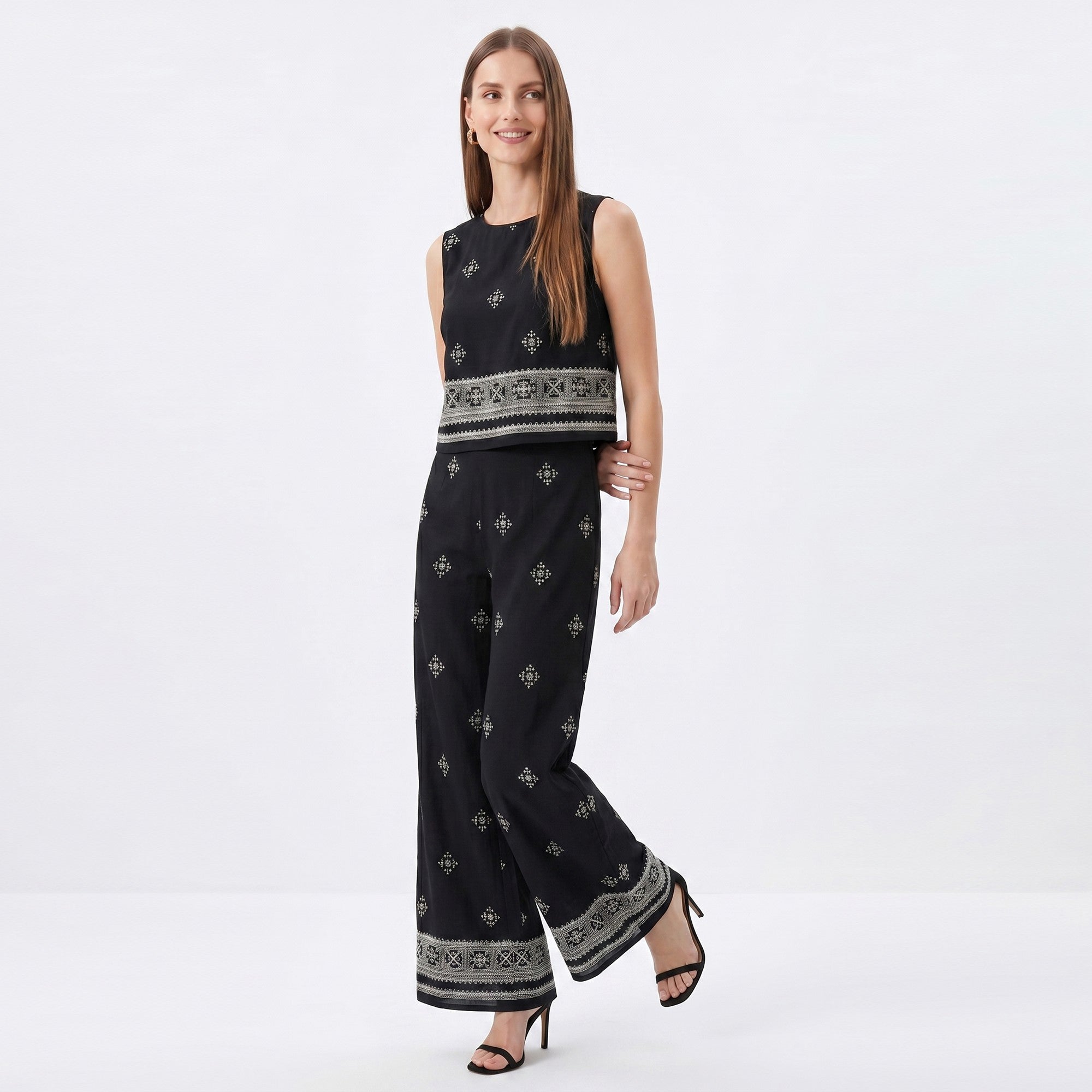Anna-Kaci Women's 2 Piece Embroidered Crop Top and Wide Leg Pants Set