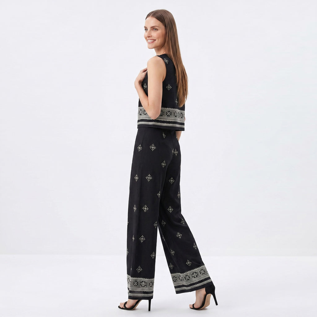 Anna-Kaci Women's 2 Piece Embroidered Crop Top and Wide Leg Pants Set
