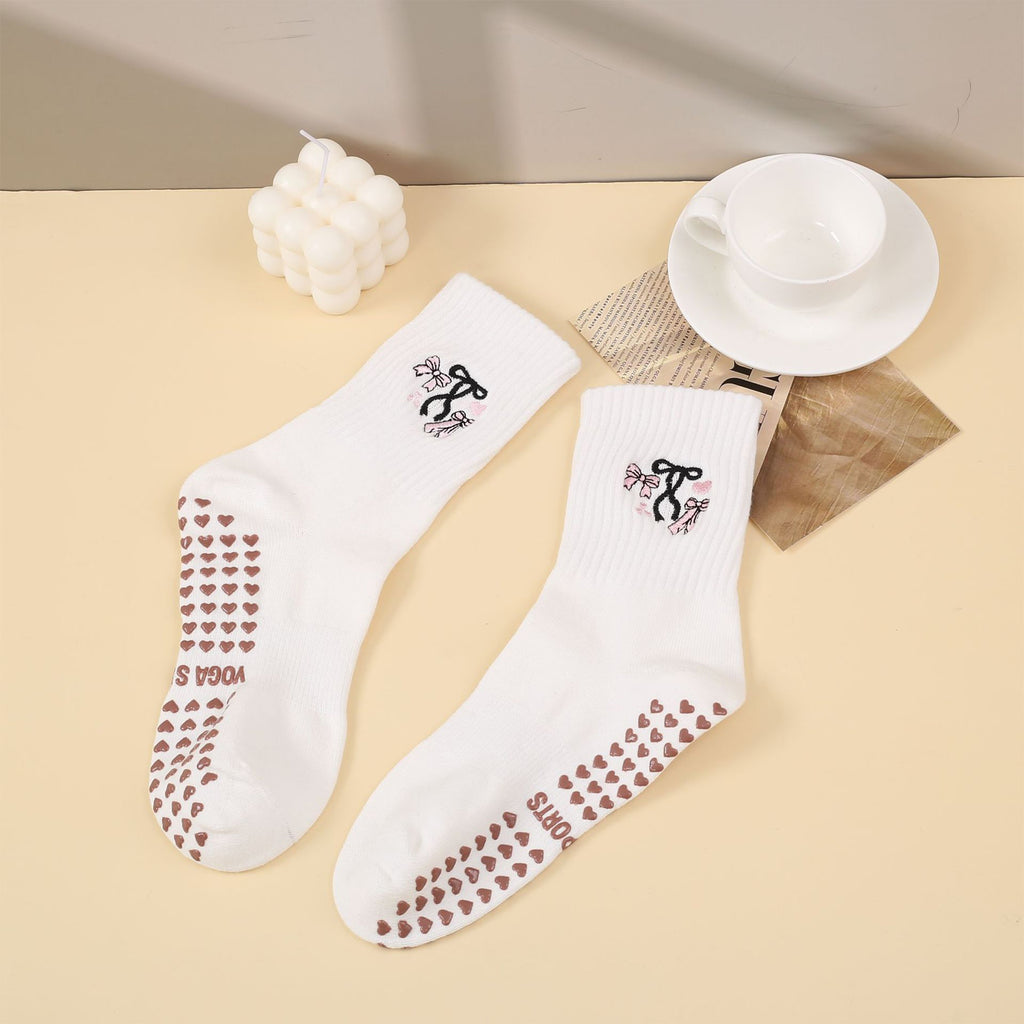 Anna-Kaci Non Slip Grip Yoga Socks Cute Embroidered Pilates Socks Crew Socks for Yoga Barre Dance 2 Pack