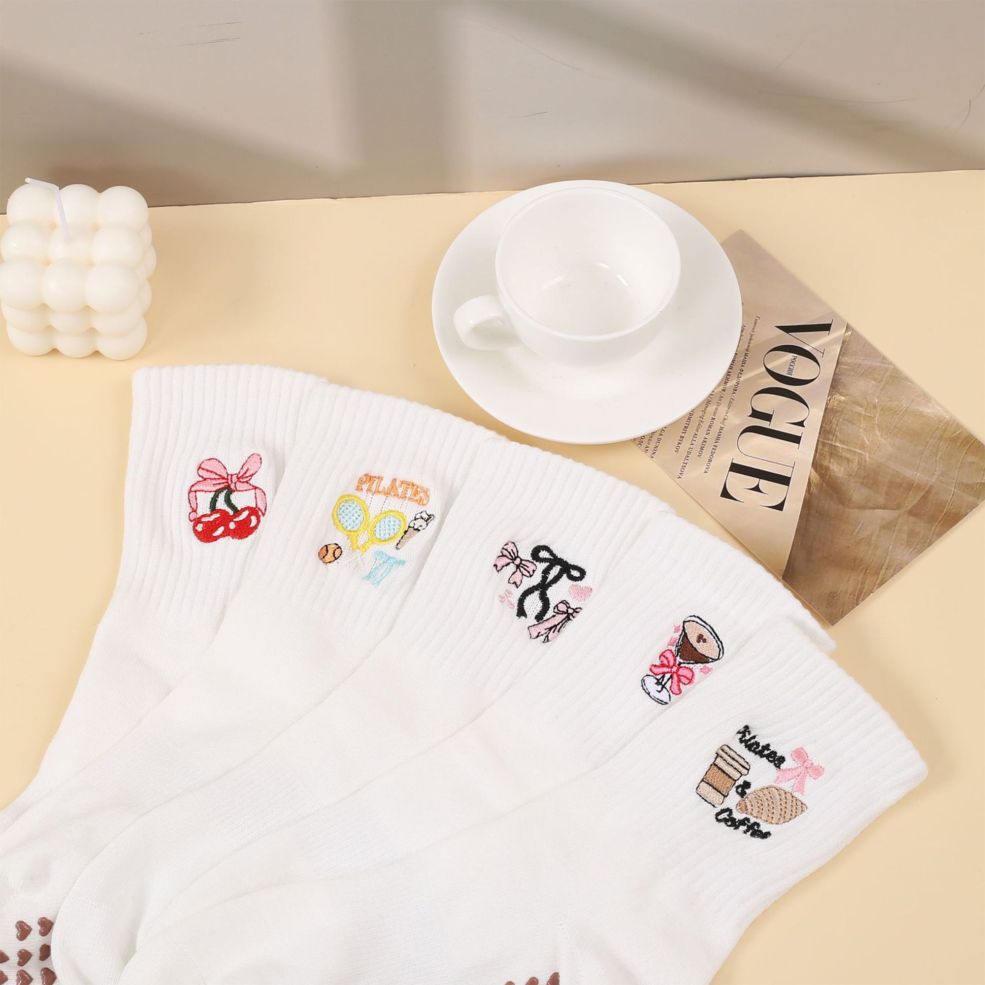 Anna-Kaci Non Slip Grip Yoga Socks Cute Embroidered Pilates Socks Crew Socks for Yoga Barre Dance 2 Pack