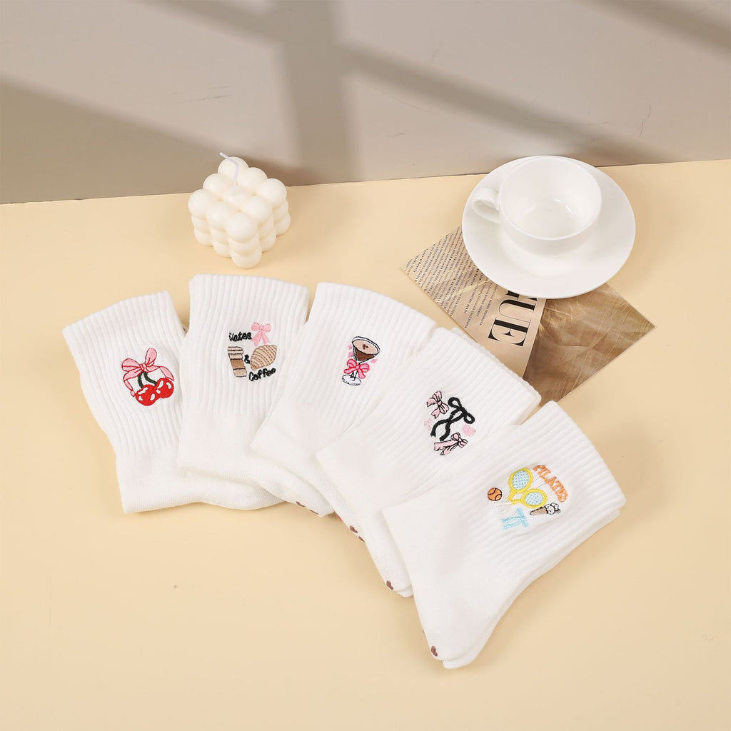 Anna-Kaci Non Slip Grip Yoga Socks Cute Embroidered Pilates Socks Crew Socks for Yoga Barre Dance 2 Pack