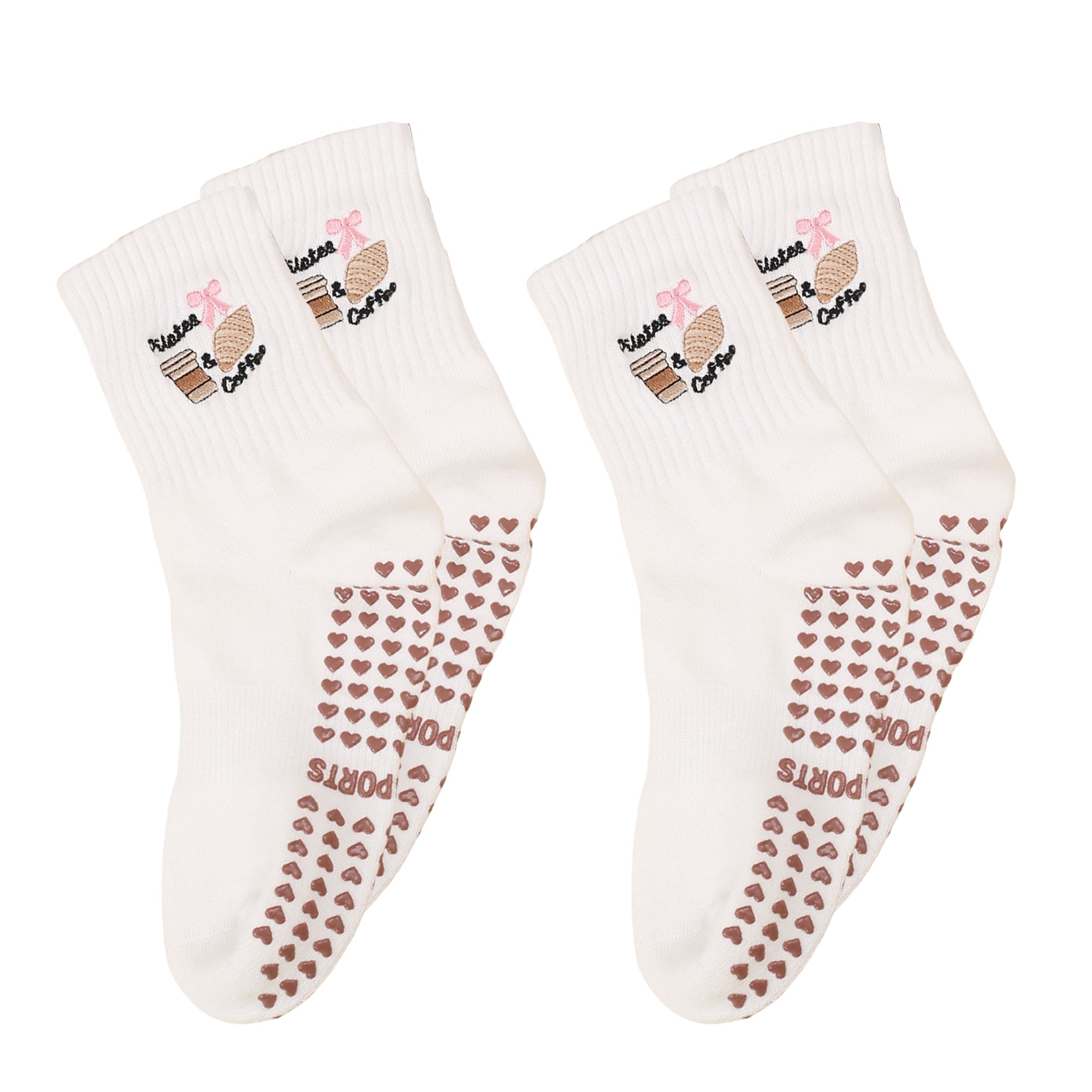 Anna-Kaci Non Slip Grip Yoga Socks Cute Embroidered Pilates Socks Crew Socks for Yoga Barre Dance 2 Pack