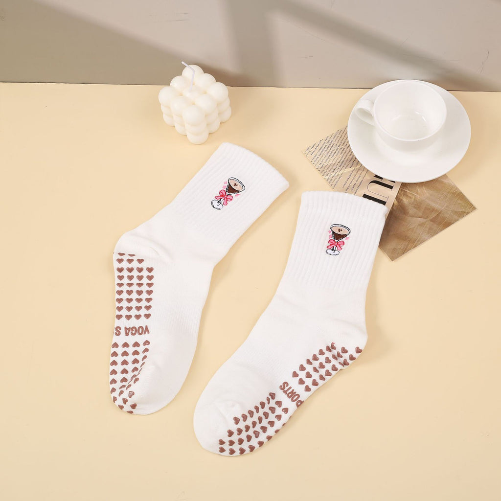 Anna-Kaci Non Slip Grip Yoga Socks Cute Embroidered Pilates Socks Crew Socks for Yoga Barre Dance 2 Pack
