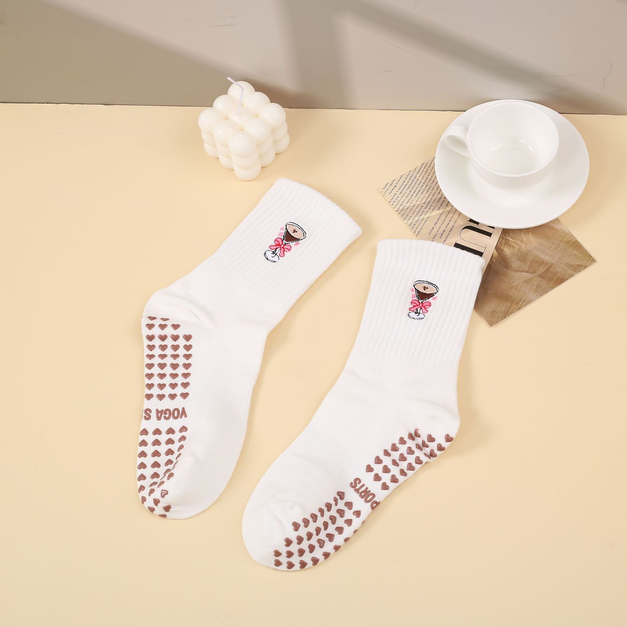 Anna-Kaci Non Slip Grip Yoga Socks Cute Embroidered Pilates Socks Crew Socks for Yoga Barre Dance 2 Pack