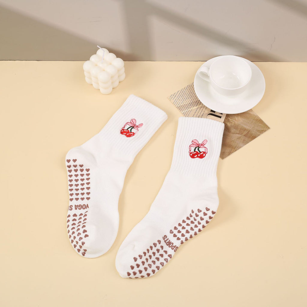 Anna-Kaci Non Slip Grip Yoga Socks Cute Embroidered Pilates Socks Crew Socks for Yoga Barre Dance 2 Pack