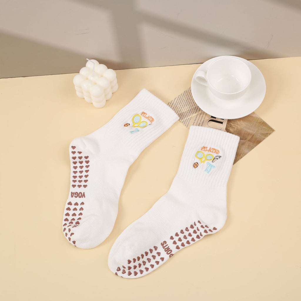 Anna-Kaci Non Slip Grip Yoga Socks Cute Embroidered Pilates Socks Crew Socks for Yoga Barre Dance 2 Pack