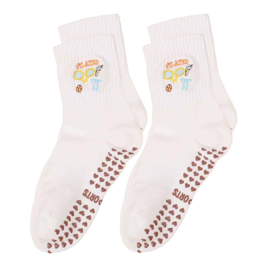 Anna-Kaci Non Slip Grip Yoga Socks Cute Embroidered Pilates Socks Crew Socks for Yoga Barre Dance 2 Pack