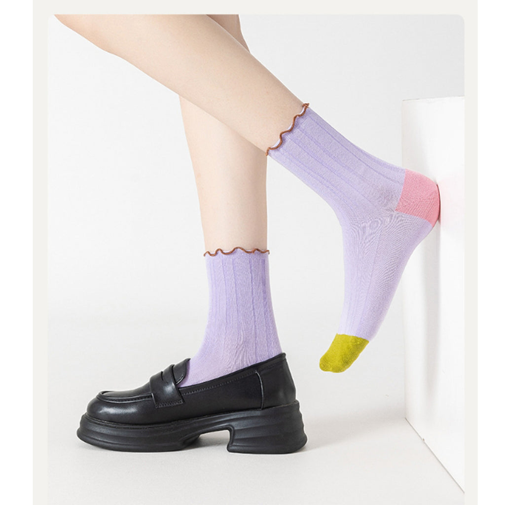 Anna-Kaci Cotton Crew Socks Color Block Casual Fashion Socks Soft Breathable Stretch Ribbed Socks 2 Pack