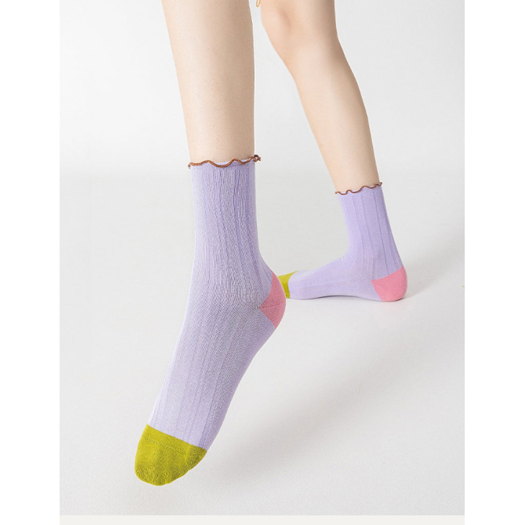 Anna-Kaci Cotton Crew Socks Color Block Casual Fashion Socks Soft Breathable Stretch Ribbed Socks 2 Pack