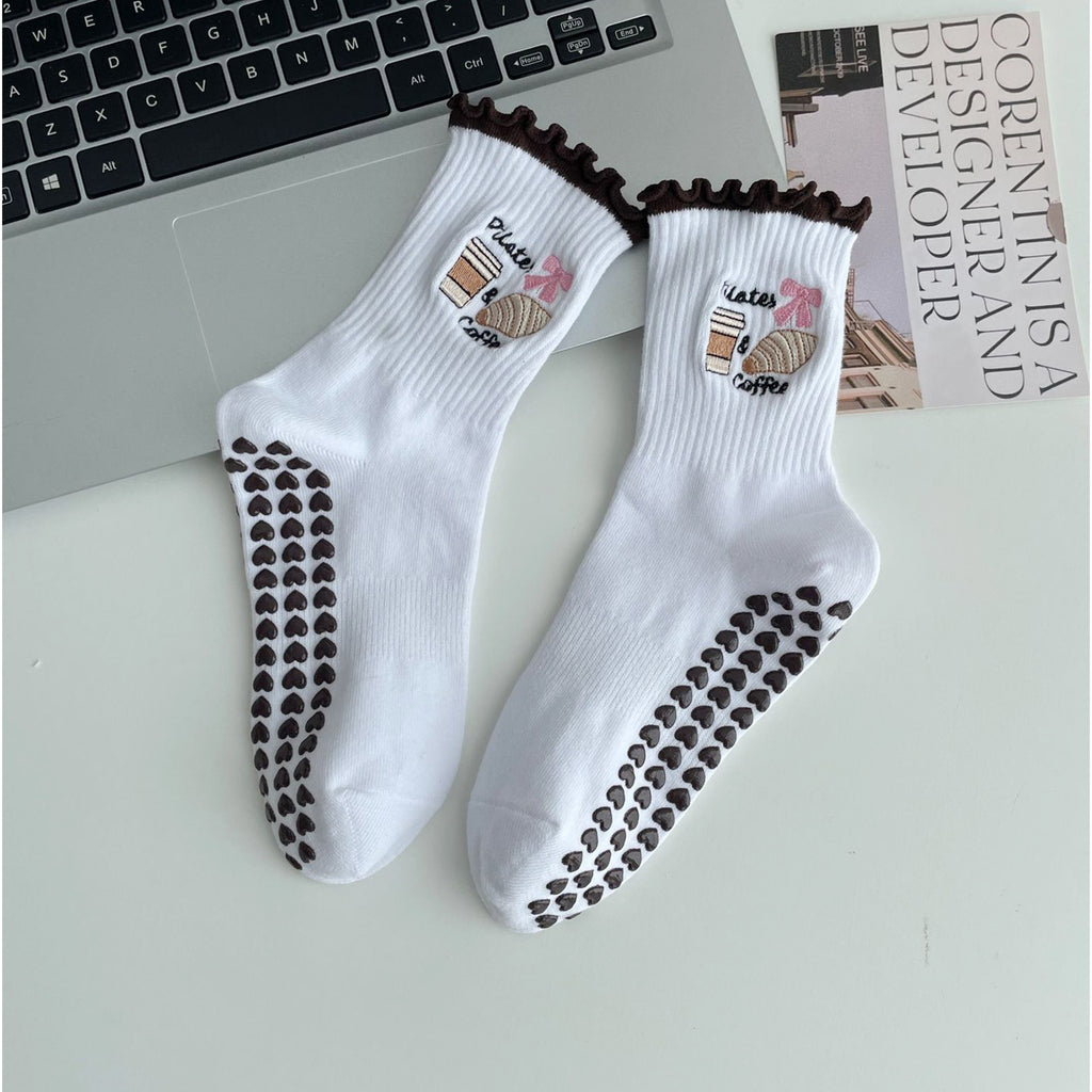 Anna-Kaci Non Slip Grip Yoga Socks Cute Embroidered Crew Socks Pilates Barre Socks Ruffle Trim Socks 3 Pack