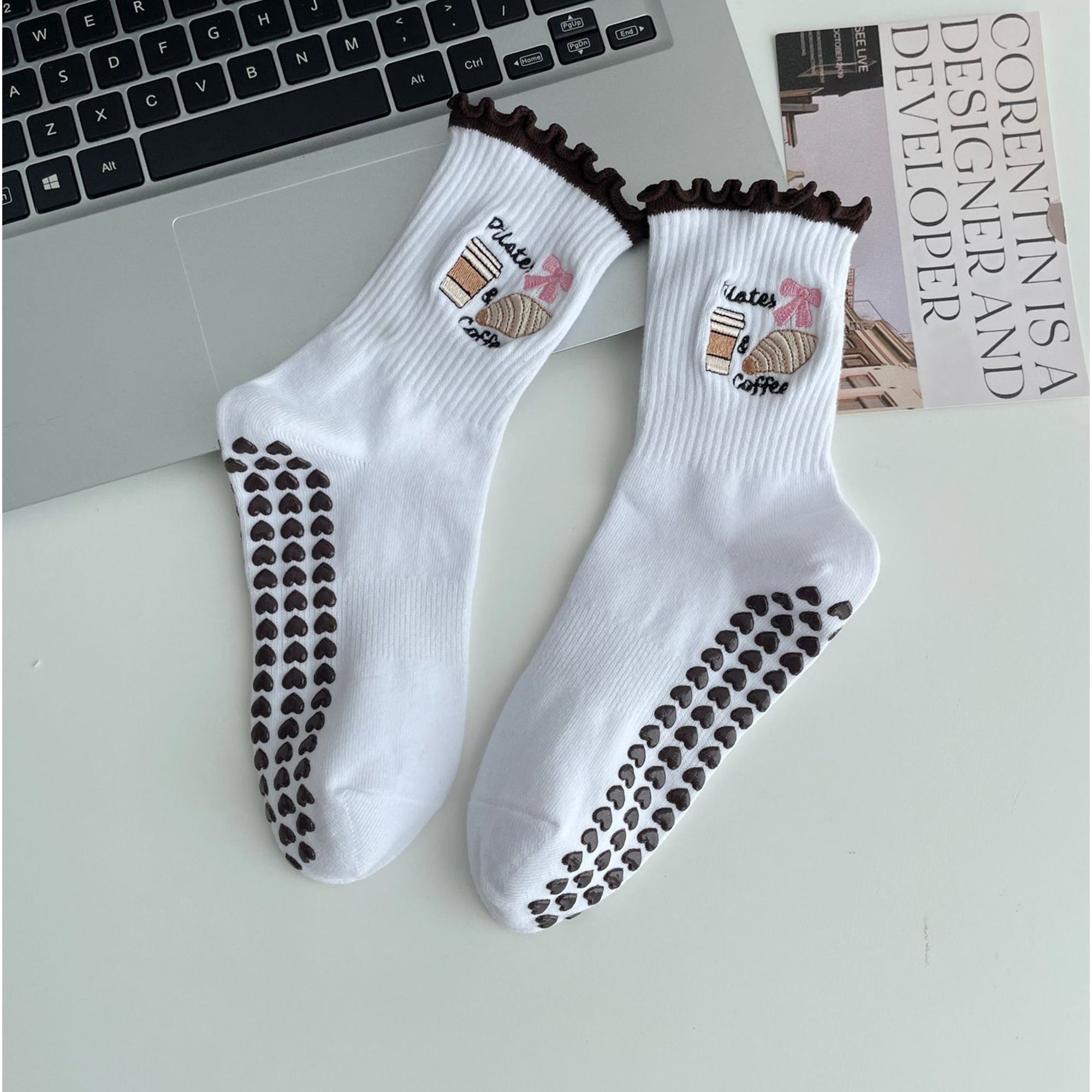 Anna-Kaci Non Slip Grip Yoga Socks Cute Embroidered Crew Socks Pilates Barre Socks Ruffle Trim Socks 3 Pack