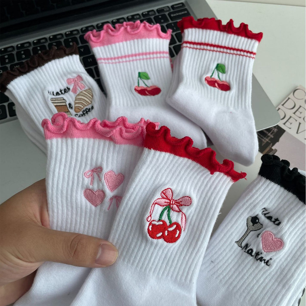 Anna-Kaci Non Slip Grip Yoga Socks Cute Embroidered Crew Socks Pilates Barre Socks Ruffle Trim Socks 3 Pack