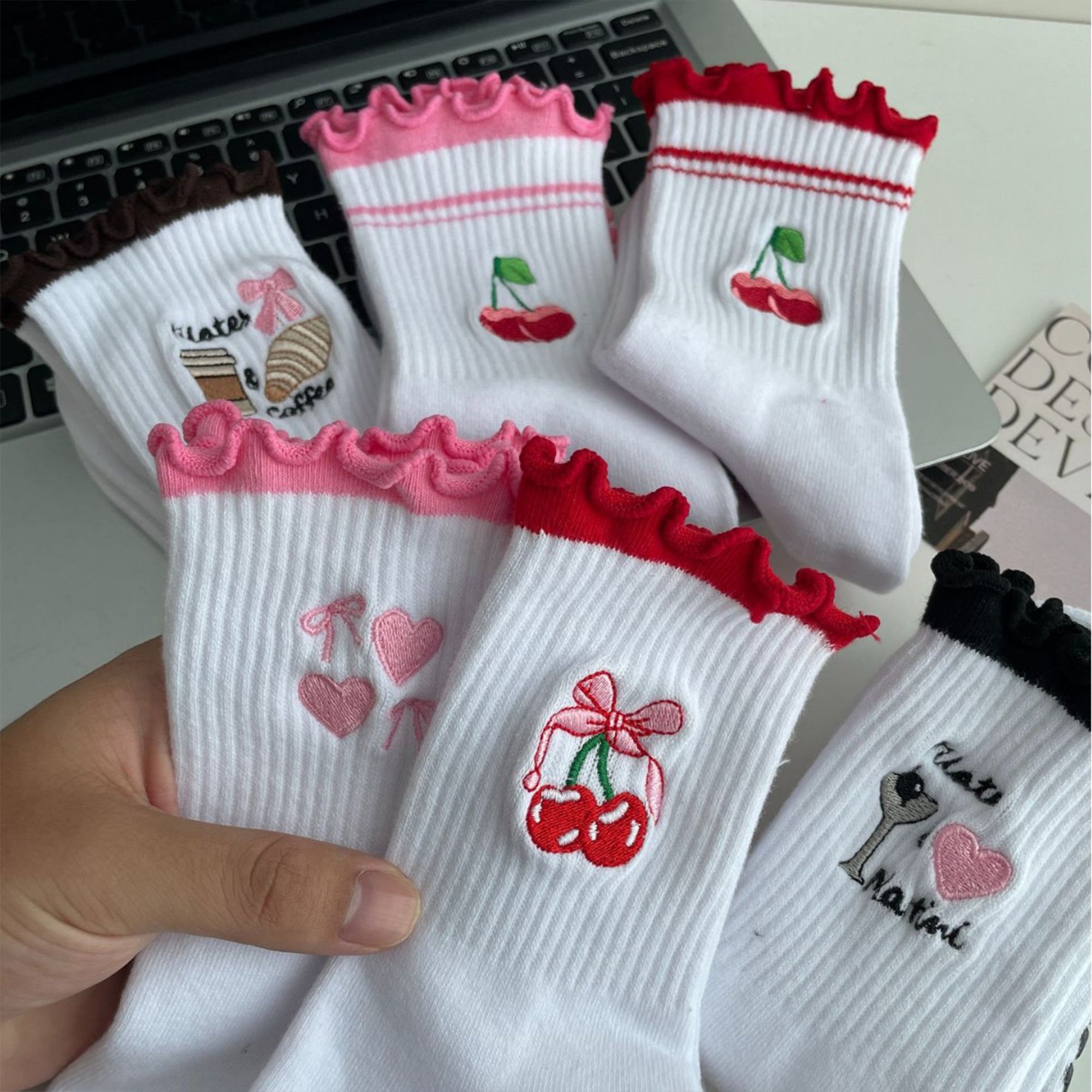 Anna-Kaci Non Slip Grip Yoga Socks Cute Embroidered Crew Socks Pilates Barre Socks Ruffle Trim Socks 3 Pack
