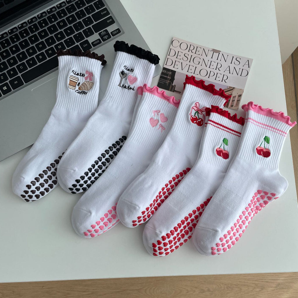Anna-Kaci Non Slip Grip Yoga Socks Cute Embroidered Crew Socks Pilates Barre Socks Ruffle Trim Socks 3 Pack