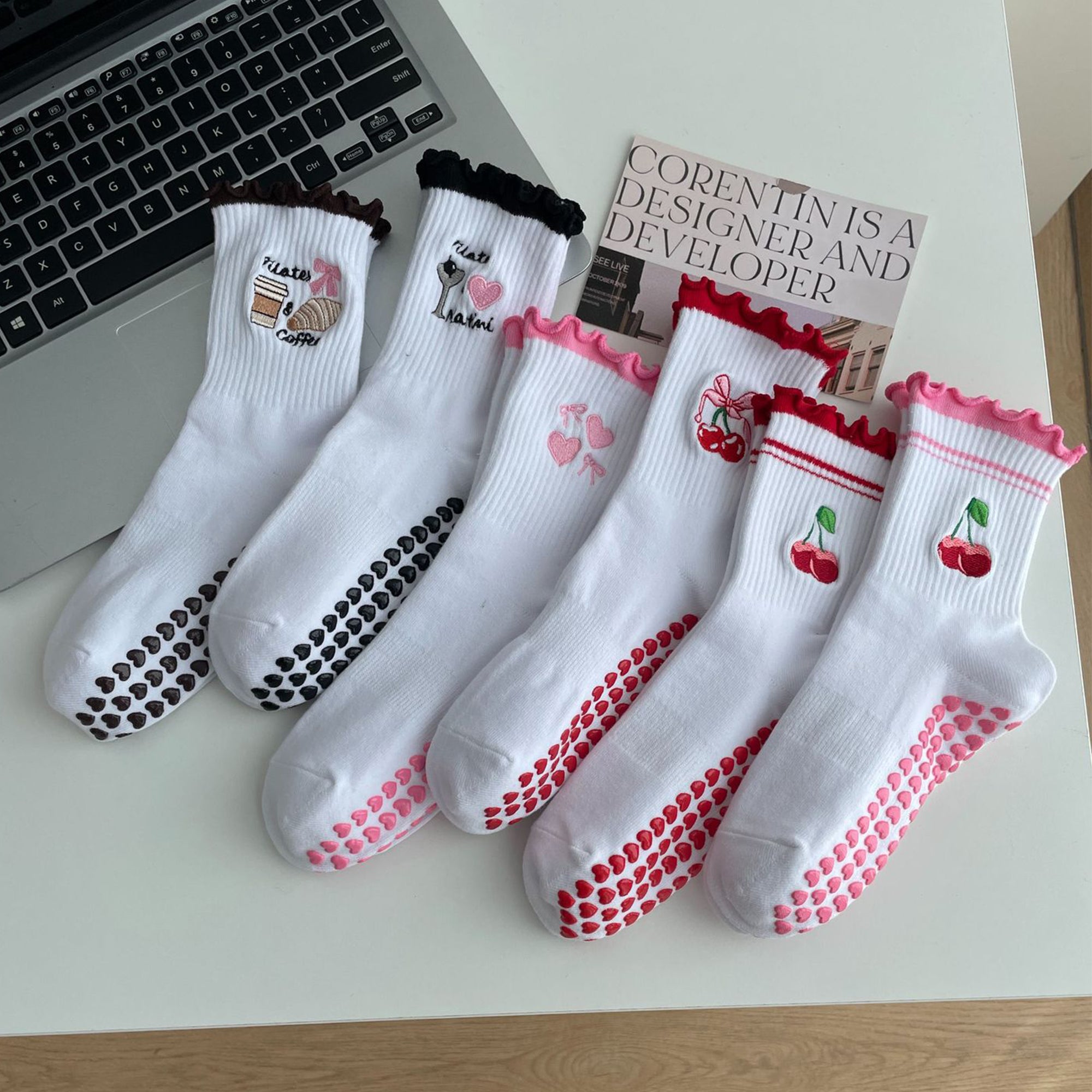 Anna-Kaci Non Slip Grip Yoga Socks Cute Embroidered Crew Socks Pilates Barre Socks Ruffle Trim Socks 3 Pack