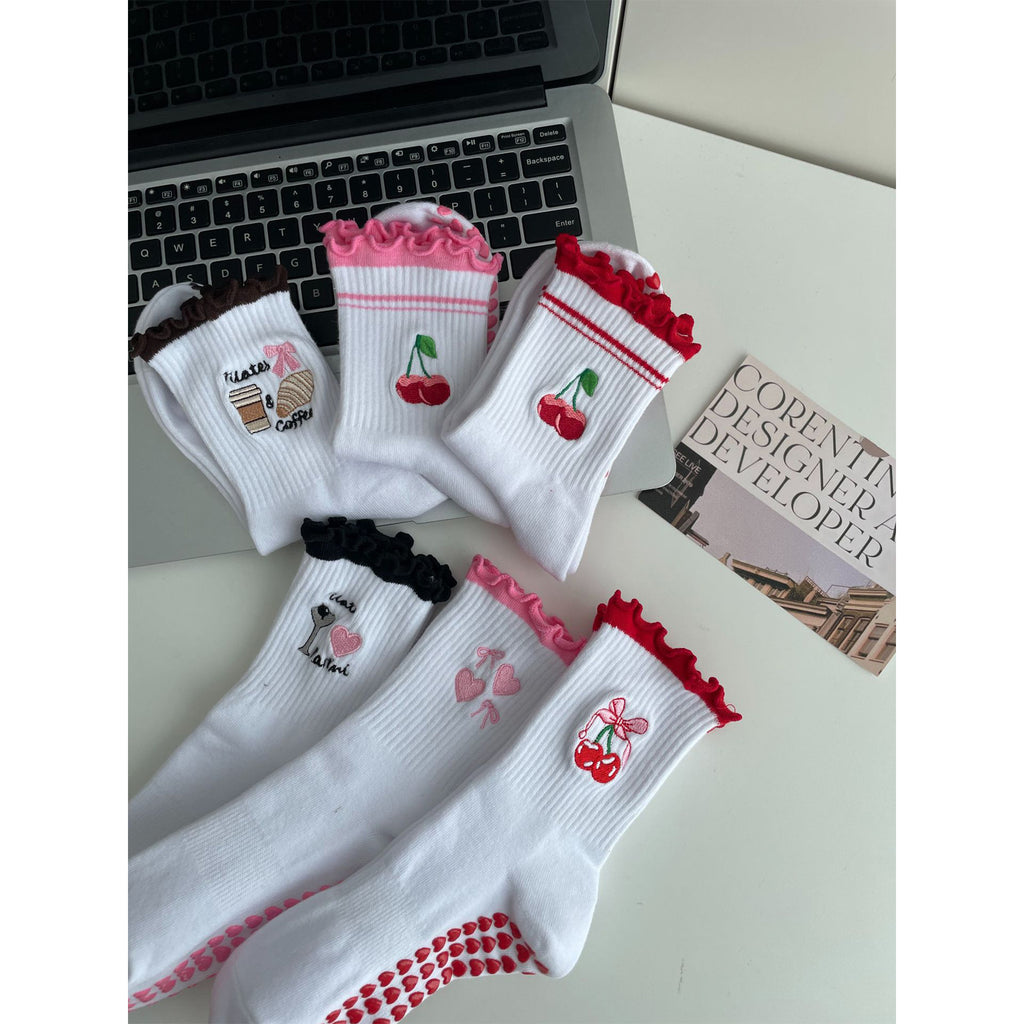 Anna-Kaci Non Slip Grip Yoga Socks Cute Embroidered Crew Socks Pilates Barre Socks Ruffle Trim Socks 3 Pack