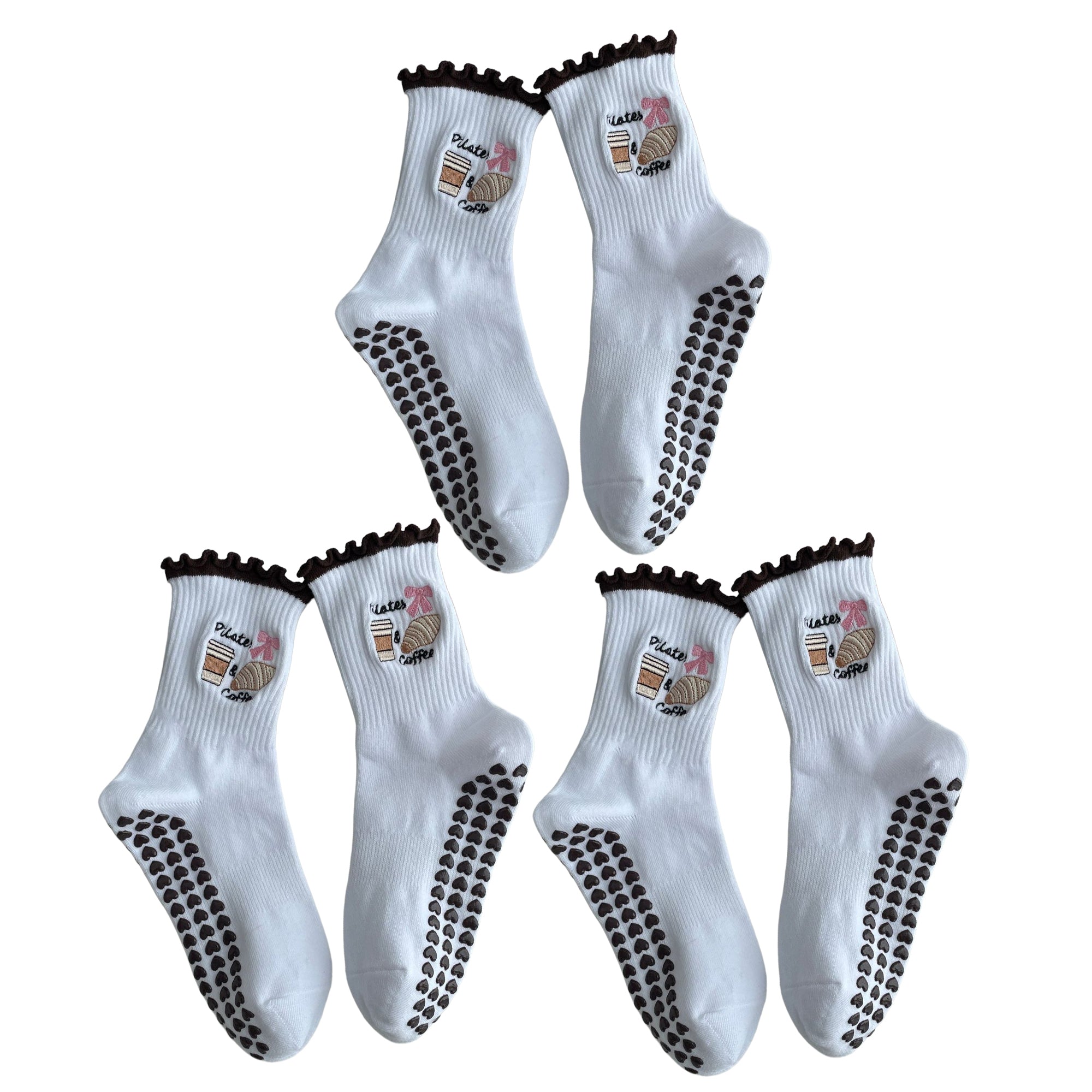Anna-Kaci Non Slip Grip Yoga Socks Cute Embroidered Crew Socks Pilates Barre Socks Ruffle Trim Socks 3 Pack
