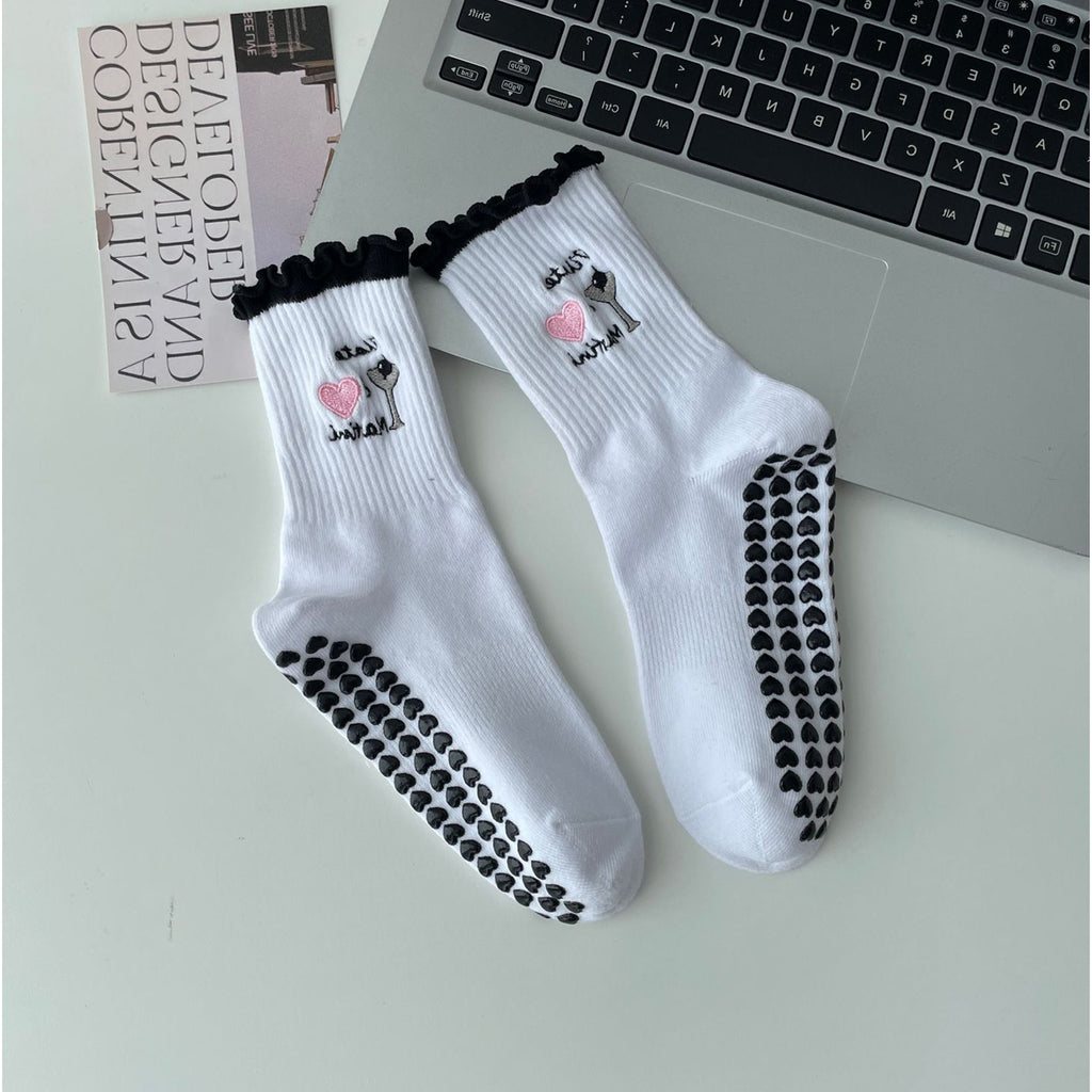 Anna-Kaci Non Slip Grip Yoga Socks Cute Embroidered Crew Socks Pilates Barre Socks Ruffle Trim Socks 3 Pack