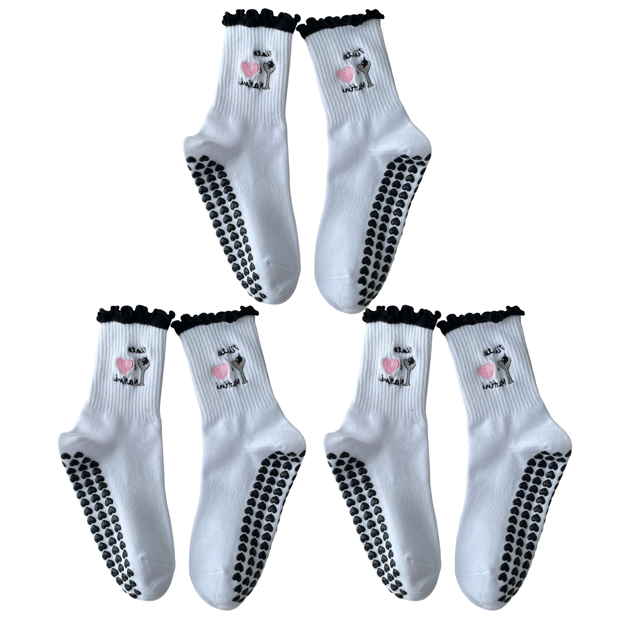 Anna-Kaci Non Slip Grip Yoga Socks Cute Embroidered Crew Socks Pilates Barre Socks Ruffle Trim Socks 3 Pack