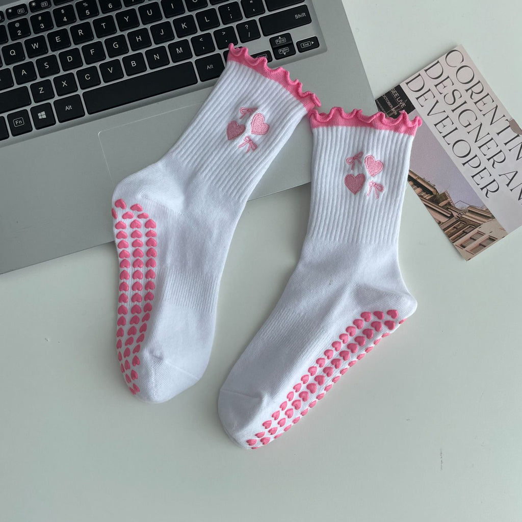 Anna-Kaci Non Slip Grip Yoga Socks Cute Embroidered Crew Socks Pilates Barre Socks Ruffle Trim Socks 3 Pack