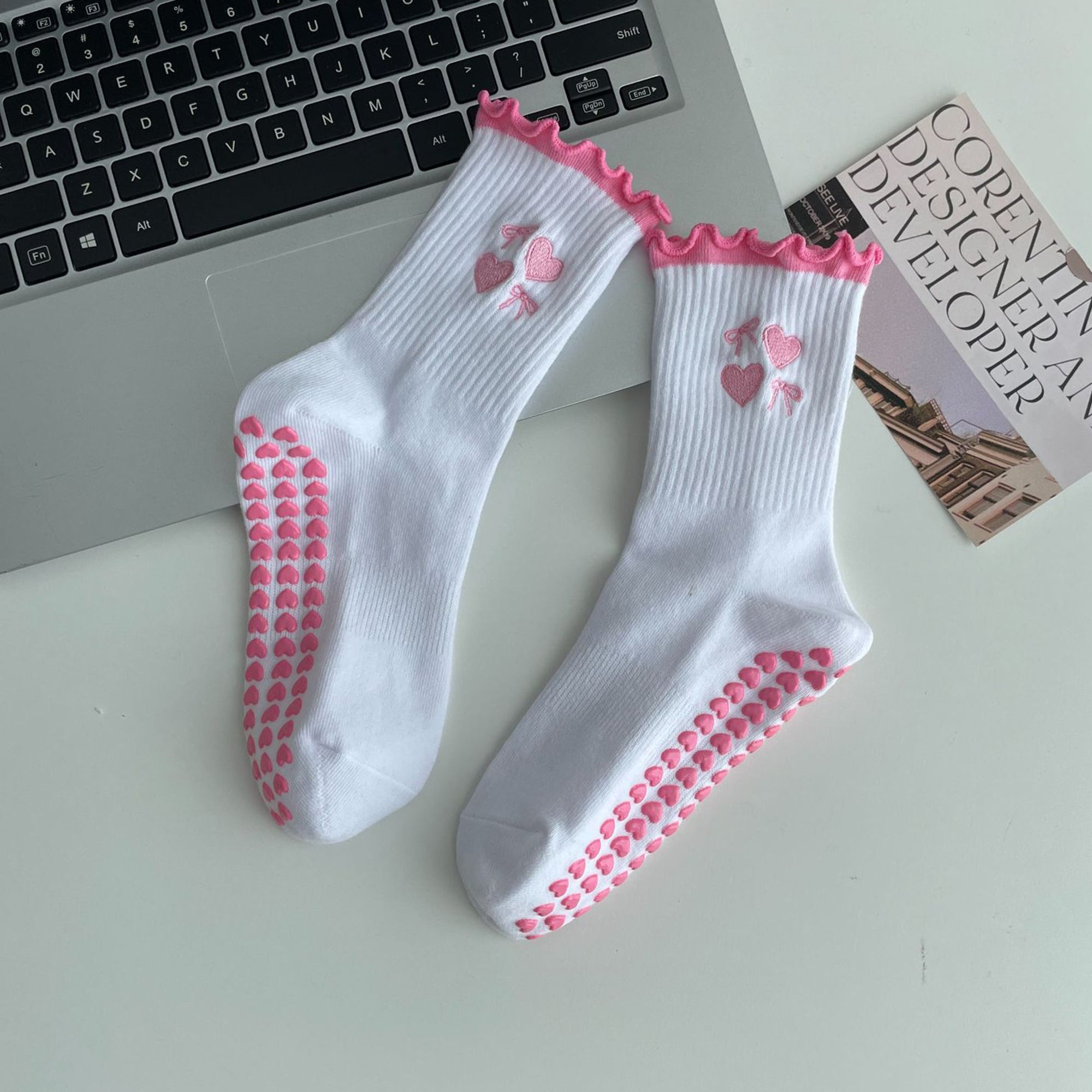 Anna-Kaci Non Slip Grip Yoga Socks Cute Embroidered Crew Socks Pilates Barre Socks Ruffle Trim Socks 3 Pack