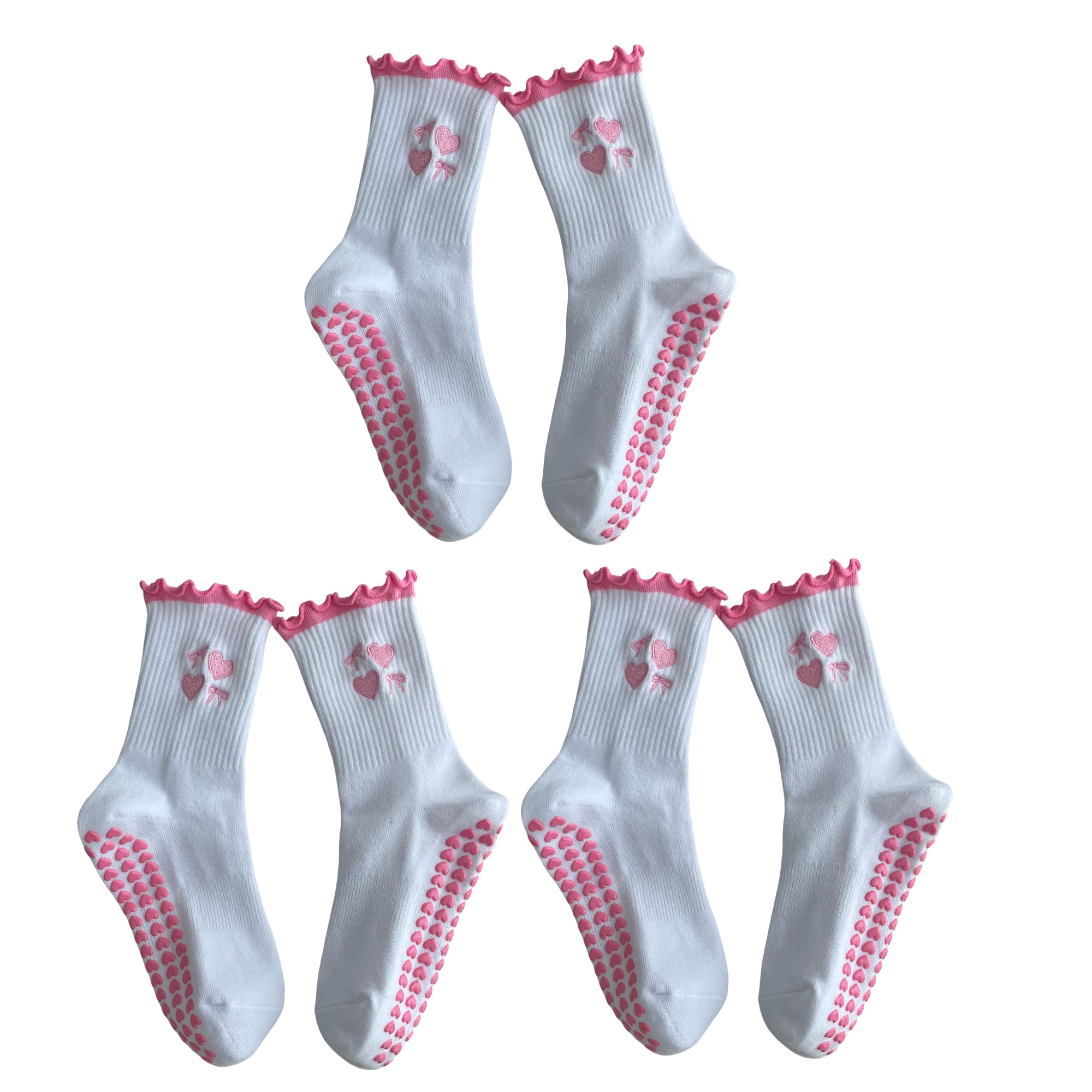 Anna-Kaci Non Slip Grip Yoga Socks Cute Embroidered Crew Socks Pilates Barre Socks Ruffle Trim Socks 3 Pack