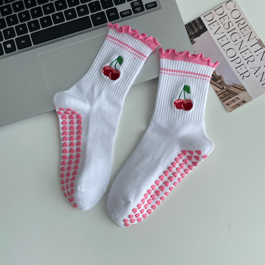 Anna-Kaci Non Slip Grip Yoga Socks Cute Embroidered Crew Socks Pilates Barre Socks Ruffle Trim Socks 3 Pack