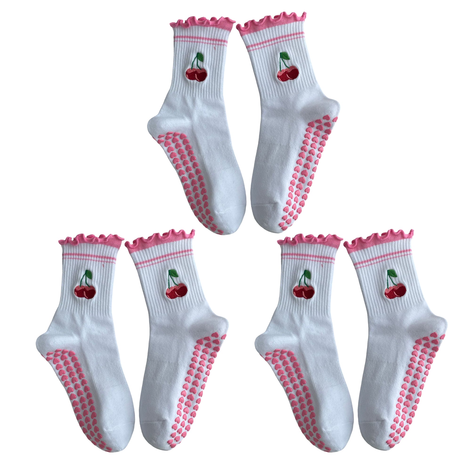Anna-Kaci Non Slip Grip Yoga Socks Cute Embroidered Crew Socks Pilates Barre Socks Ruffle Trim Socks 3 Pack