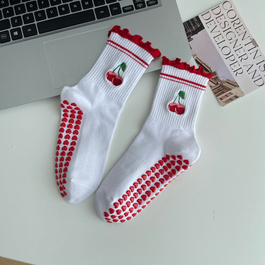 Anna-Kaci Non Slip Grip Yoga Socks Cute Embroidered Crew Socks Pilates Barre Socks Ruffle Trim Socks 3 Pack