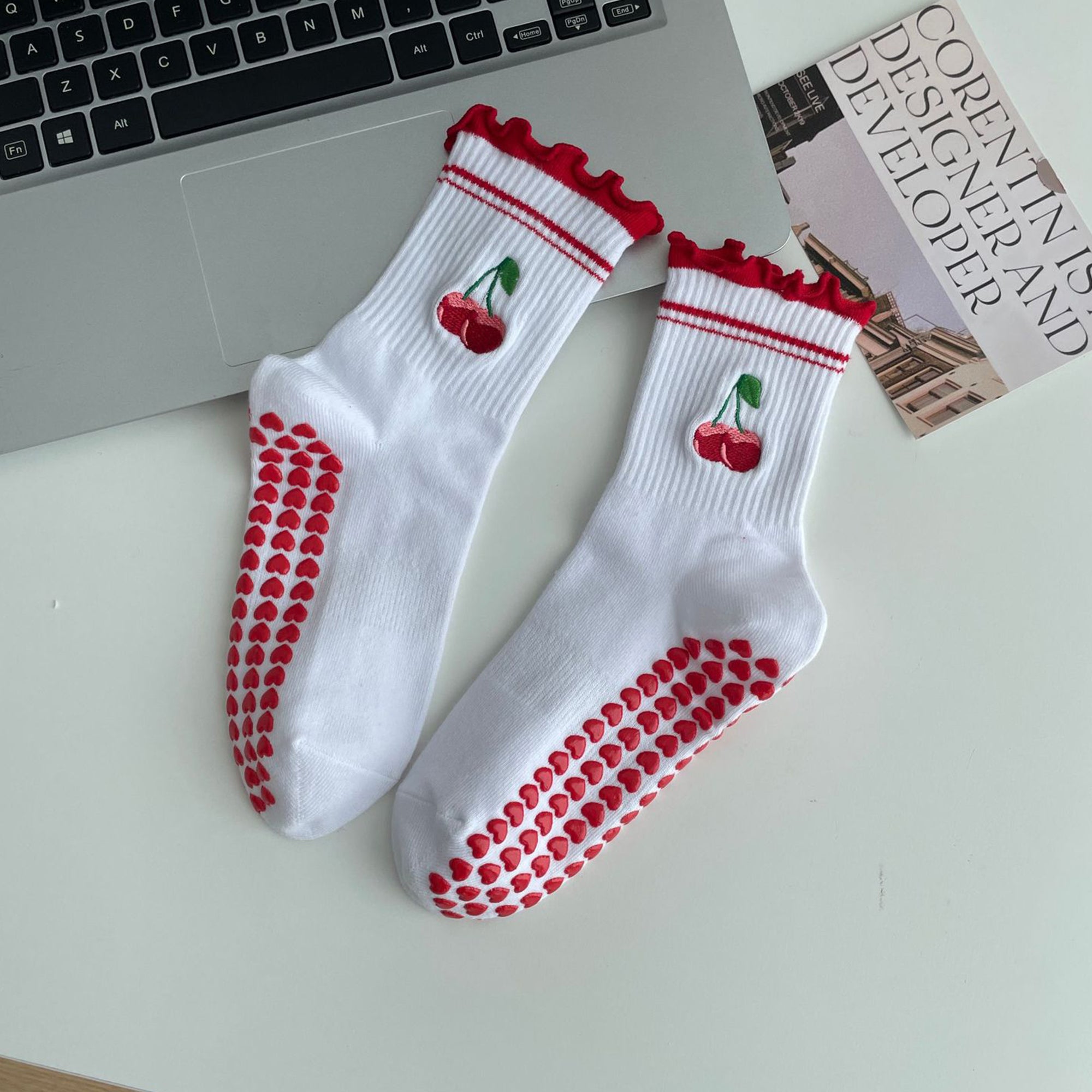 Anna-Kaci Non Slip Grip Yoga Socks Cute Embroidered Crew Socks Pilates Barre Socks Ruffle Trim Socks 3 Pack