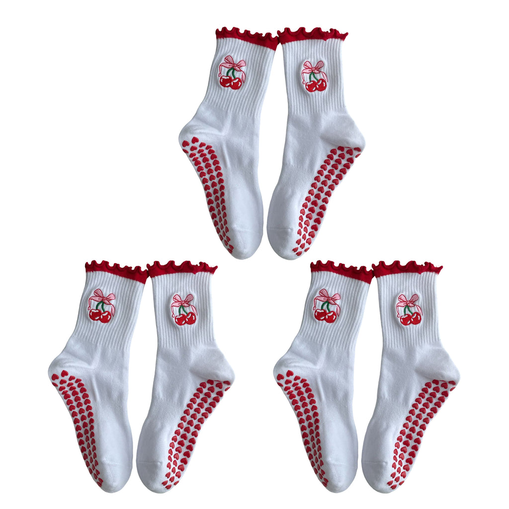 Anna-Kaci Non Slip Grip Yoga Socks Cute Embroidered Crew Socks Pilates Barre Socks Ruffle Trim Socks 3 Pack