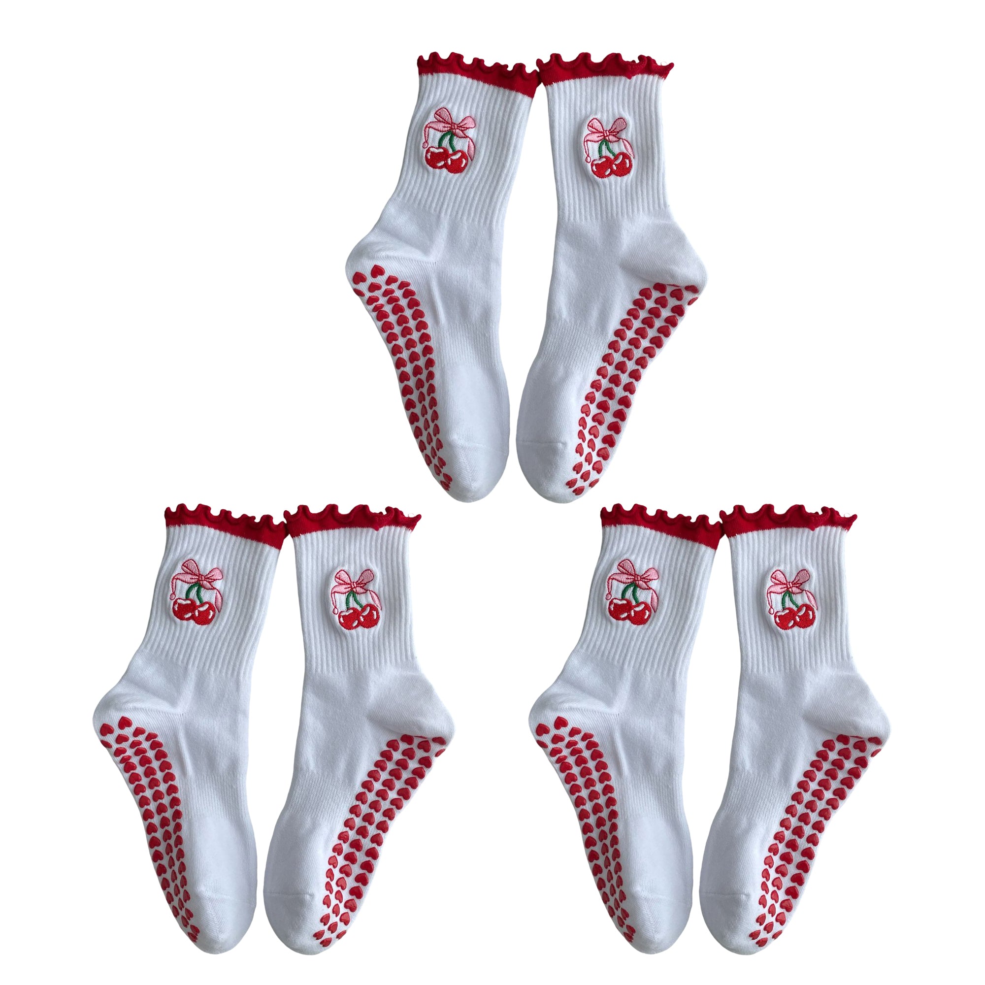 Anna-Kaci Non Slip Grip Yoga Socks Cute Embroidered Crew Socks Pilates Barre Socks Ruffle Trim Socks 3 Pack