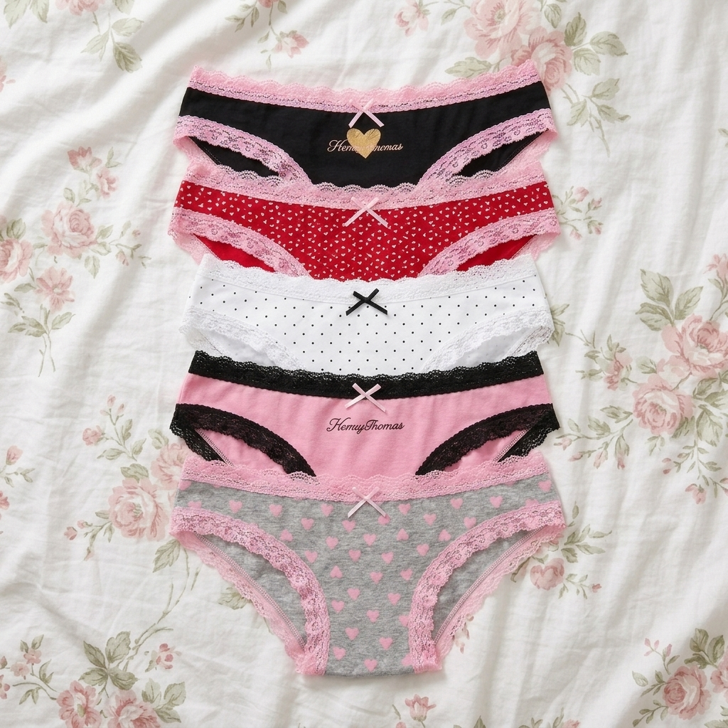 Anna-Kaci Womens 5 Pack Heart Print Lace Trim Bikini Underwear