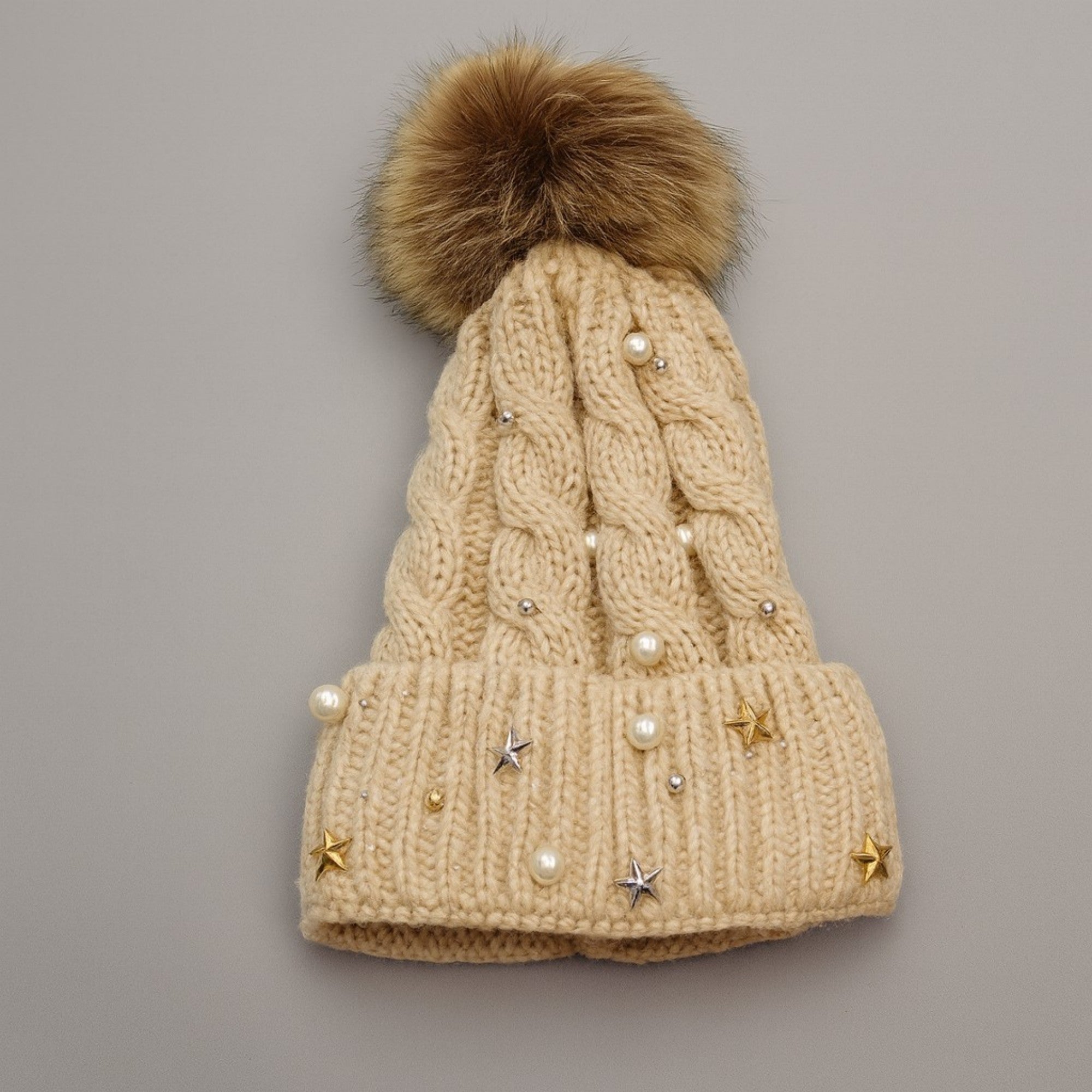 Anna-Kaci Women's Cable Knit Beanie Hat with Decorative Pearl and Star Embellishments and Soft Pom Detail