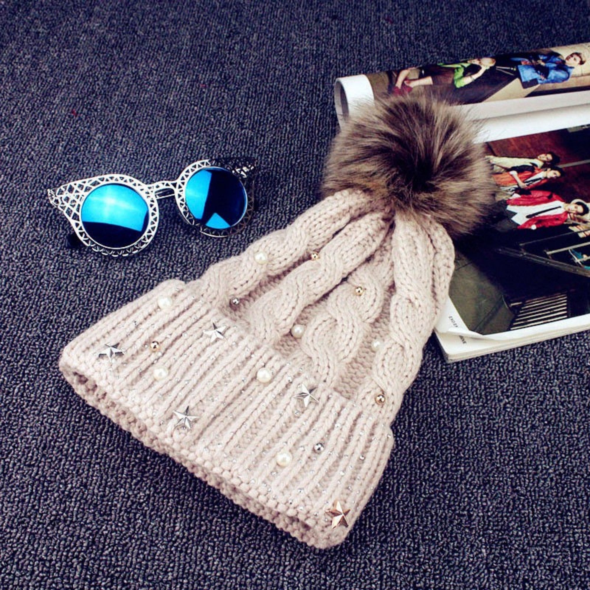 Anna-Kaci Women's Cable Knit Beanie Hat with Decorative Pearl and Star Embellishments and Soft Pom Detail
