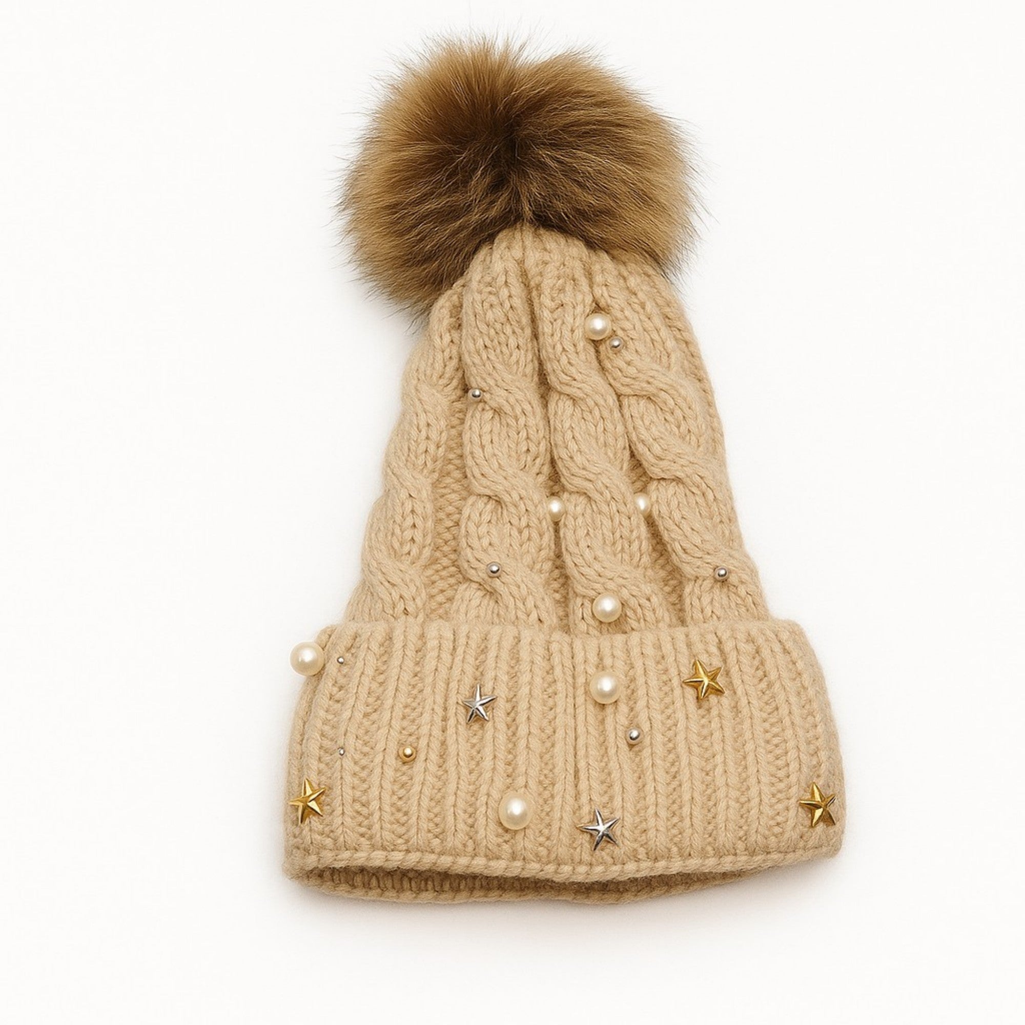 Anna-Kaci Women's Cable Knit Beanie Hat with Decorative Pearl and Star Embellishments and Soft Pom Detail