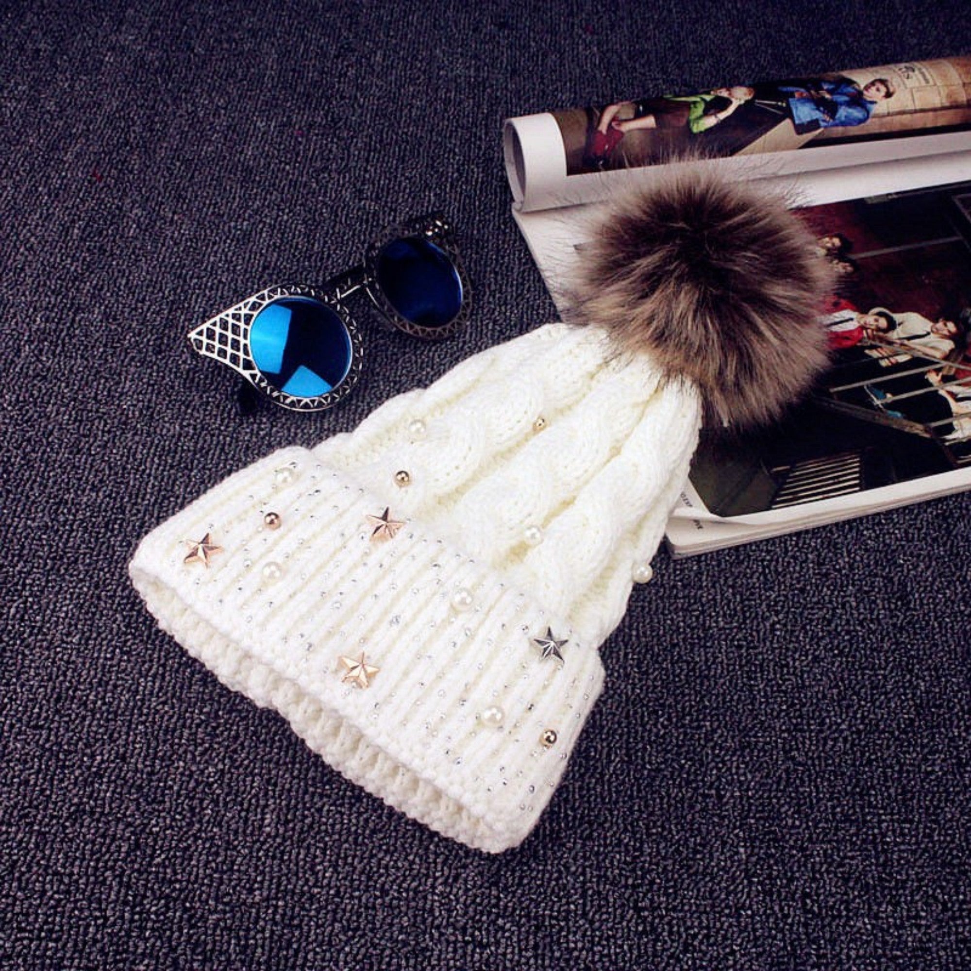 Anna-Kaci Women's Cable Knit Beanie Hat with Decorative Pearl and Star Embellishments and Soft Pom Detail