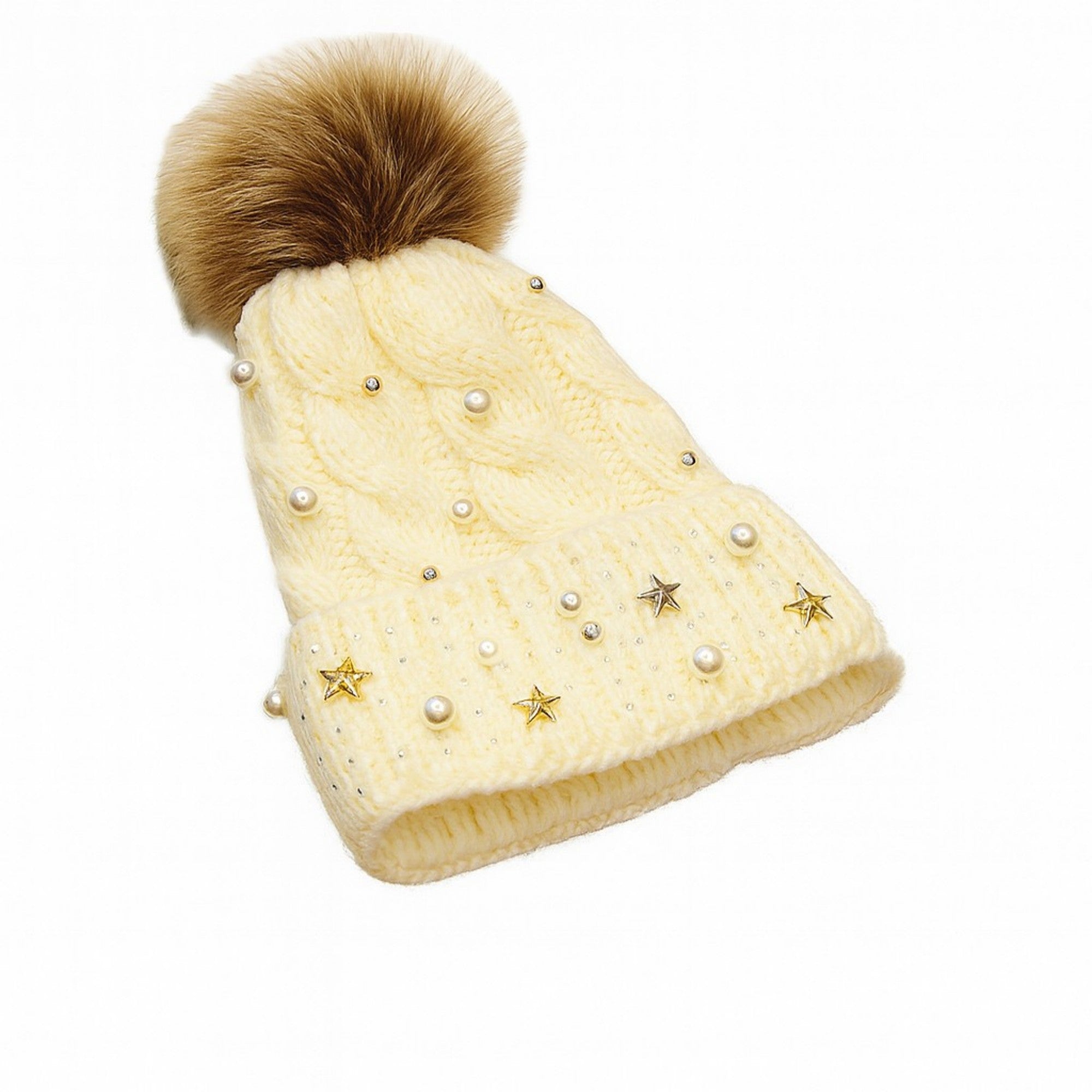 Anna-Kaci Women's Cable Knit Beanie Hat with Decorative Pearl and Star Embellishments and Soft Pom Detail