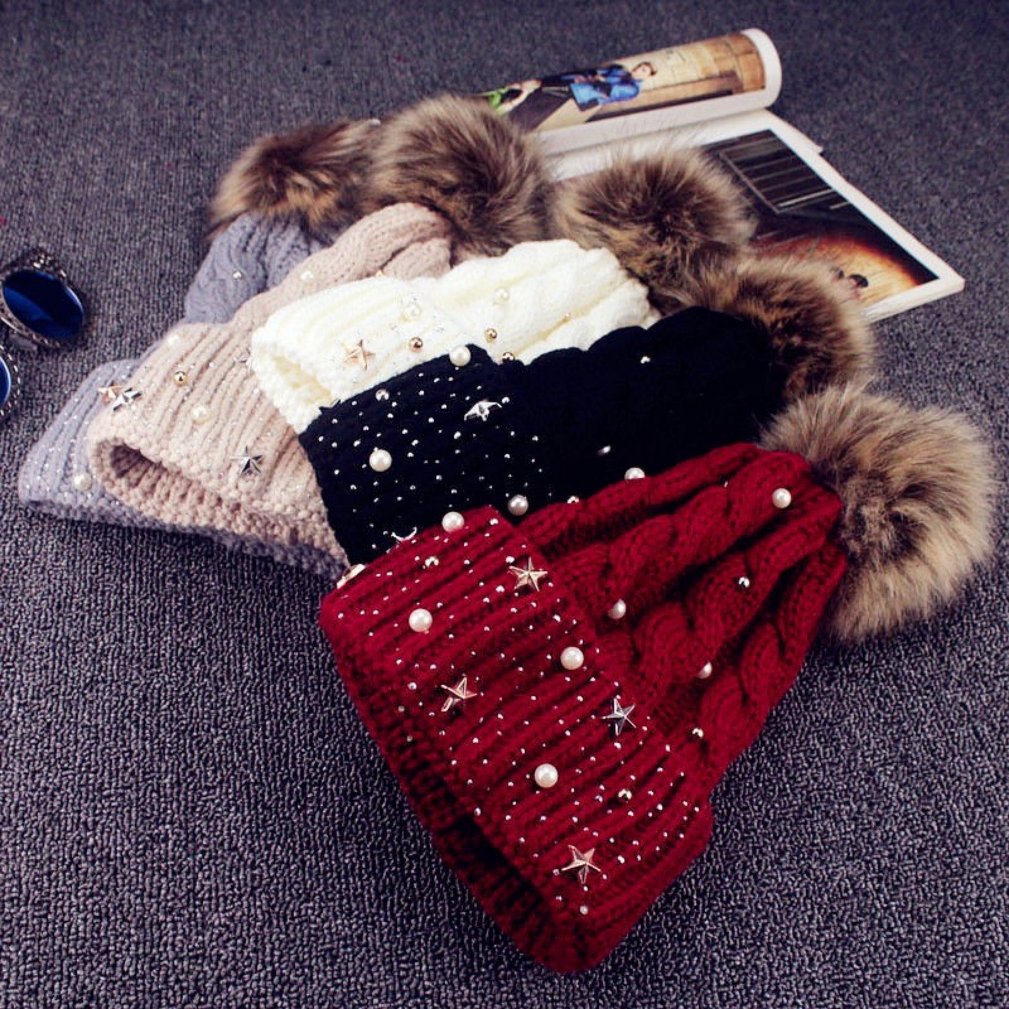 Anna-Kaci Women's Cable Knit Beanie Hat with Decorative Pearl and Star Embellishments and Soft Pom Detail