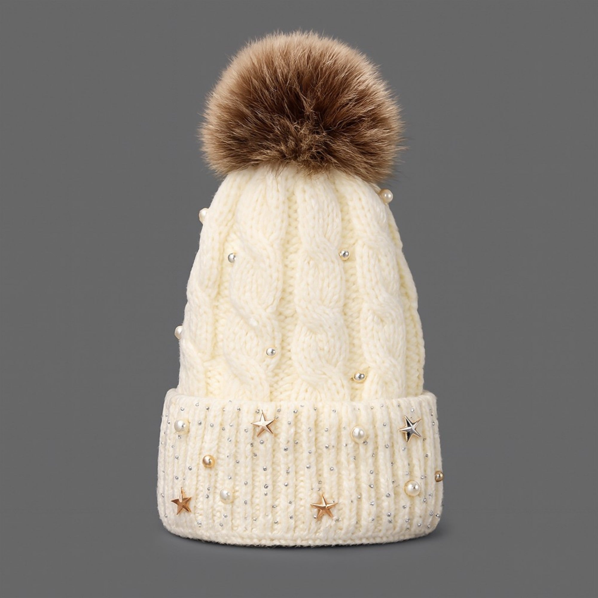 Anna-Kaci Women's Cable Knit Beanie Hat with Decorative Pearl and Star Embellishments and Soft Pom Detail