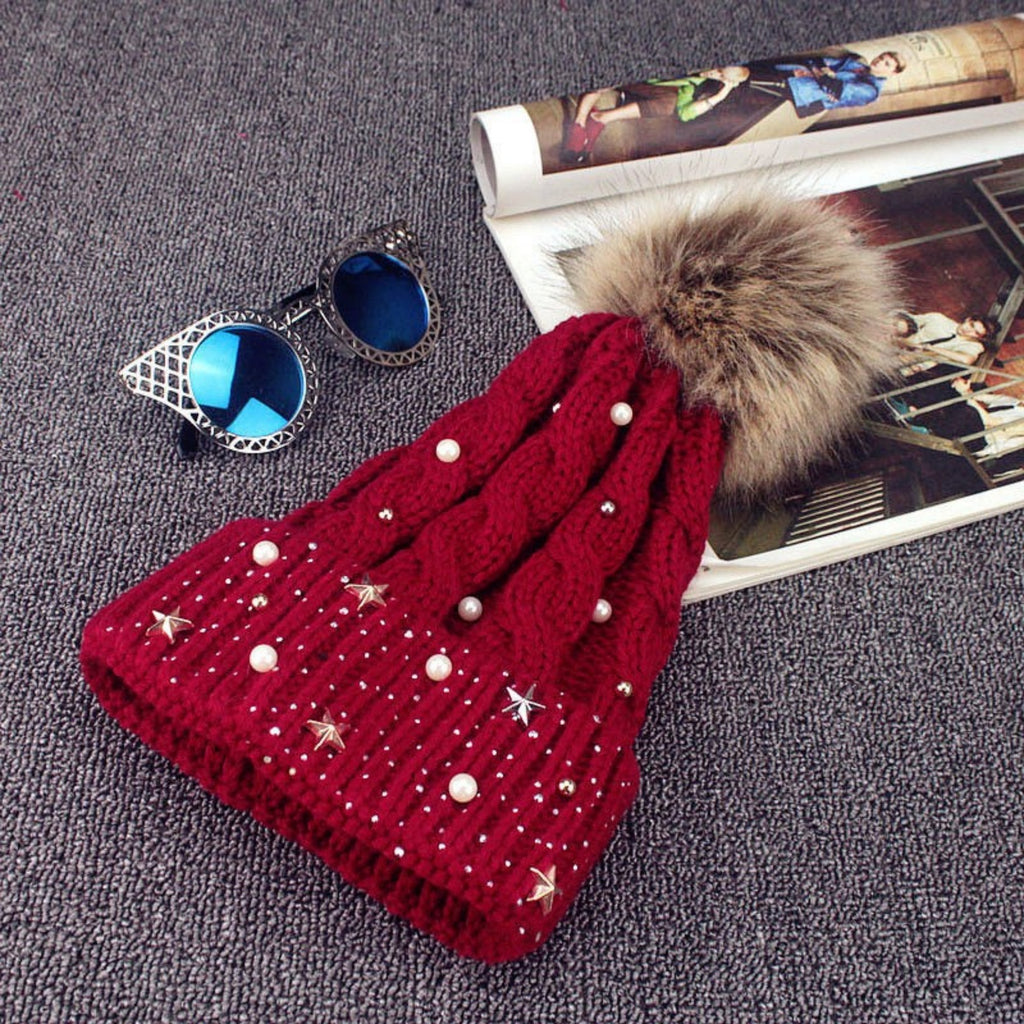 Anna-Kaci Women's Cable Knit Beanie Hat with Decorative Pearl and Star Embellishments and Soft Pom Detail