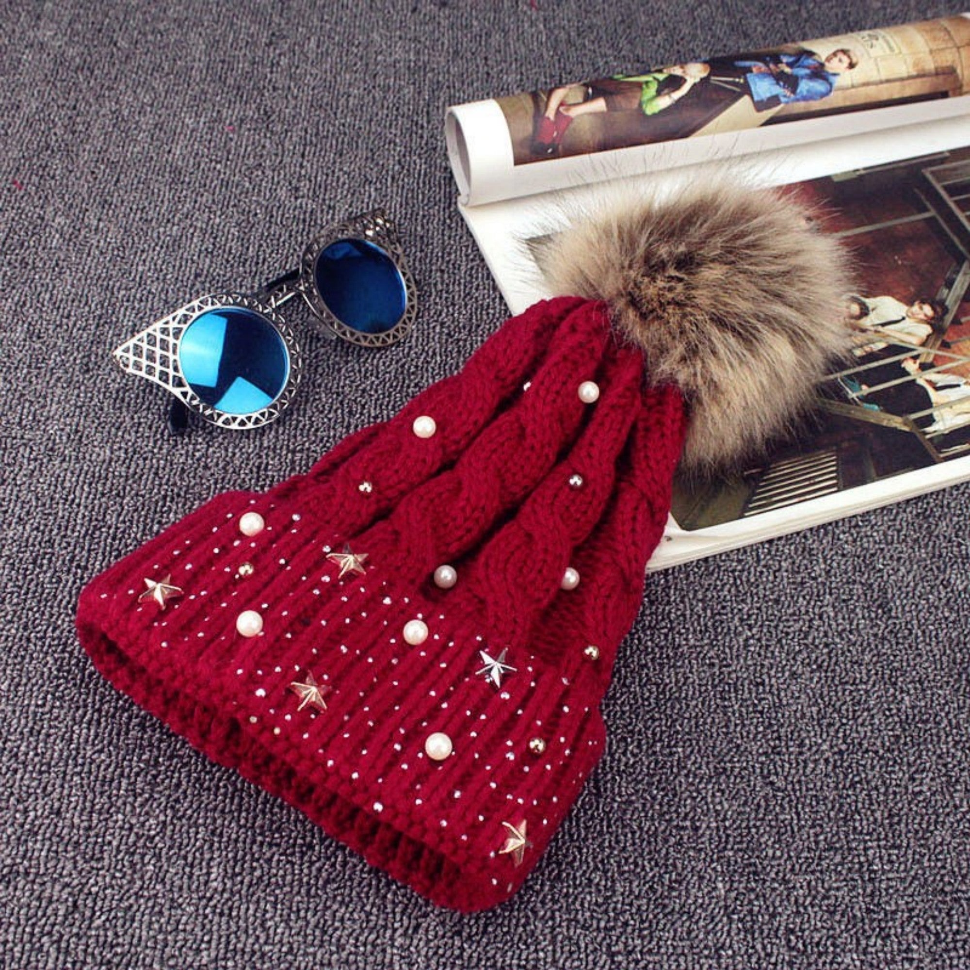 Anna-Kaci Women's Cable Knit Beanie Hat with Decorative Pearl and Star Embellishments and Soft Pom Detail