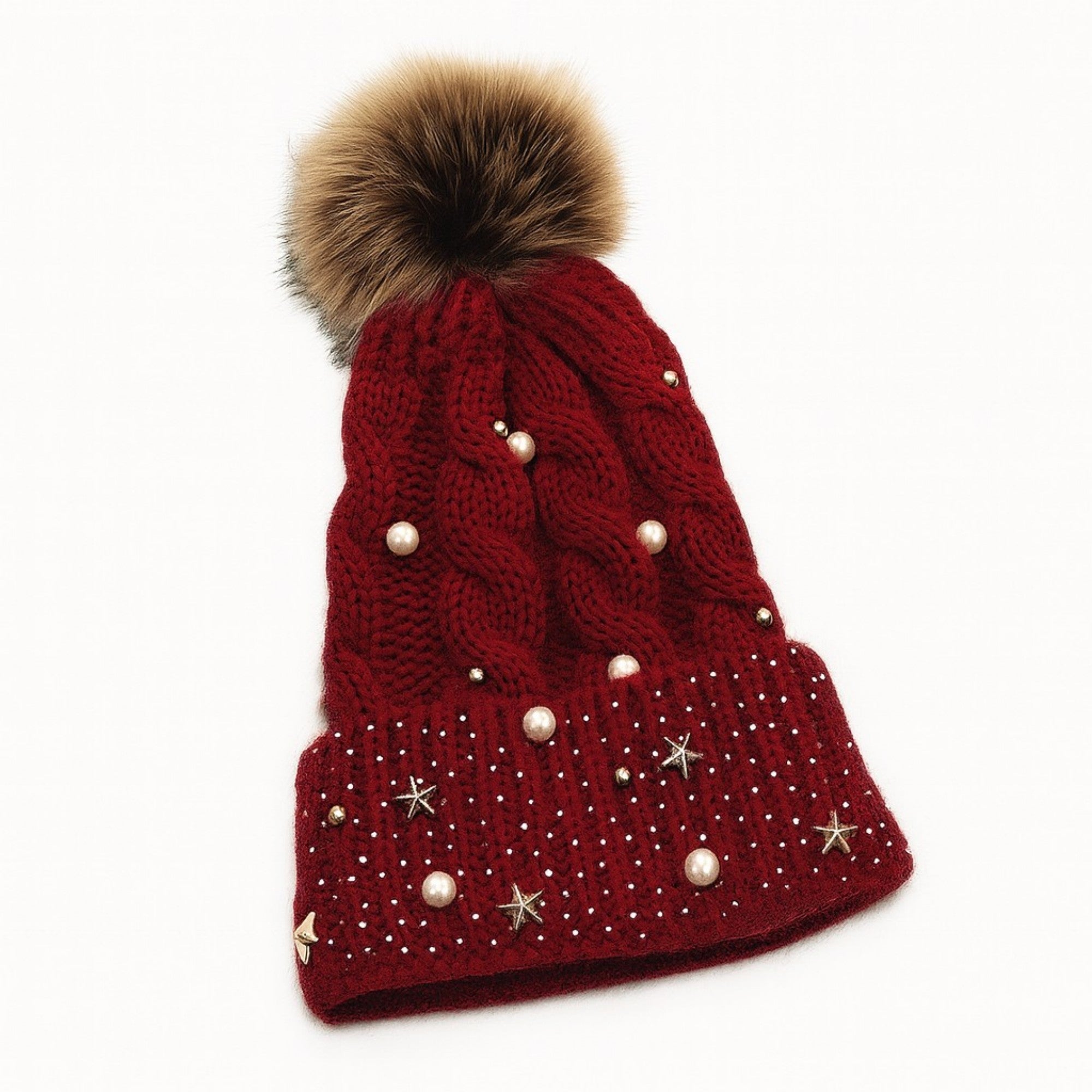 Anna-Kaci Women's Cable Knit Beanie Hat with Decorative Pearl and Star Embellishments and Soft Pom Detail